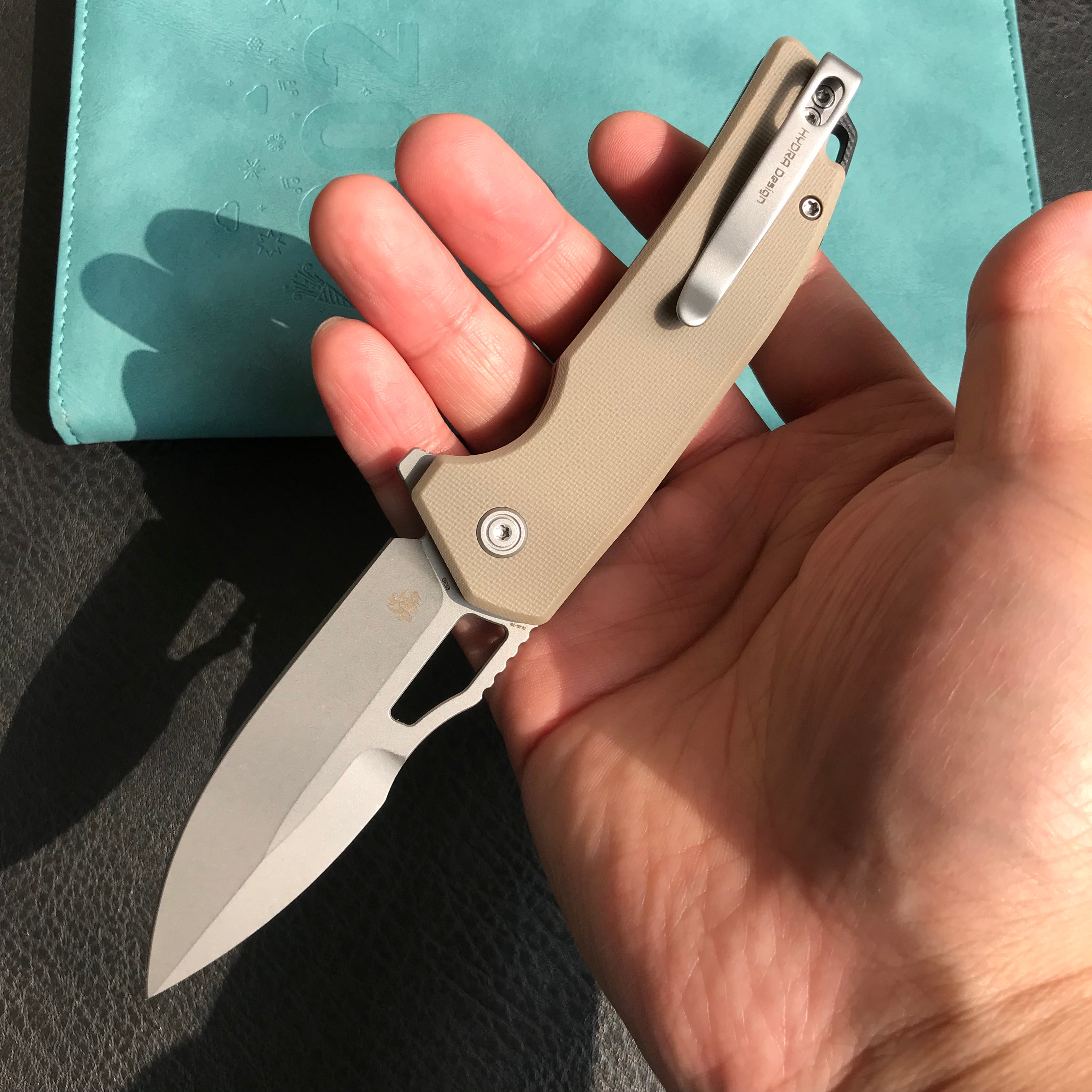 KUBEY KU316D RDF Pocket Knife with Button Lock, Full-Contoured Tan G-10 Handle 3.11" Bead Blasted AUS-10 Blade, Lightweight Hydra Designed Folding Knife for EDC