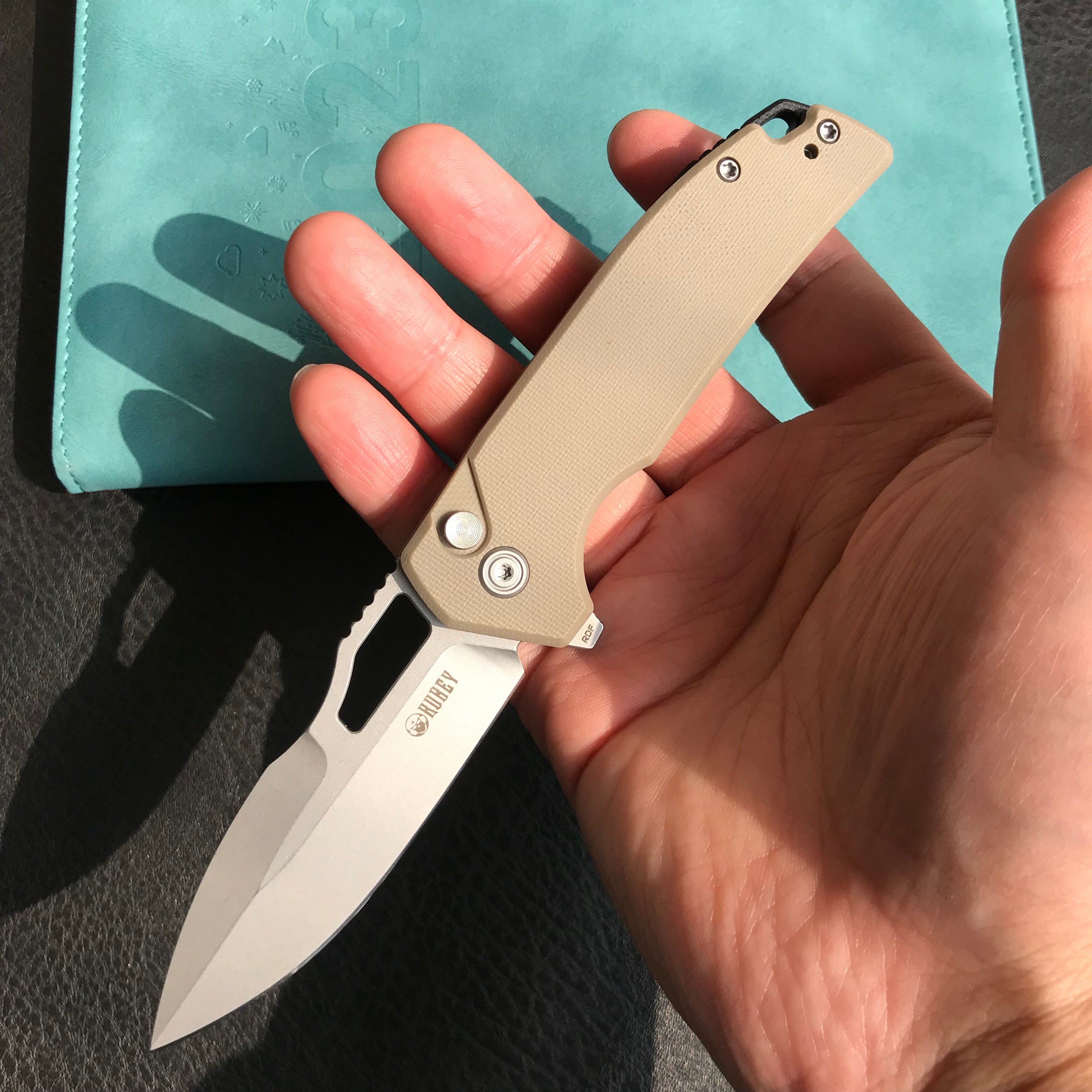 KUBEY KU316D RDF Pocket Knife with Button Lock, Full-Contoured Tan G-10 Handle 3.11" Bead Blasted AUS-10 Blade, Lightweight Hydra Designed Folding Knife for EDC