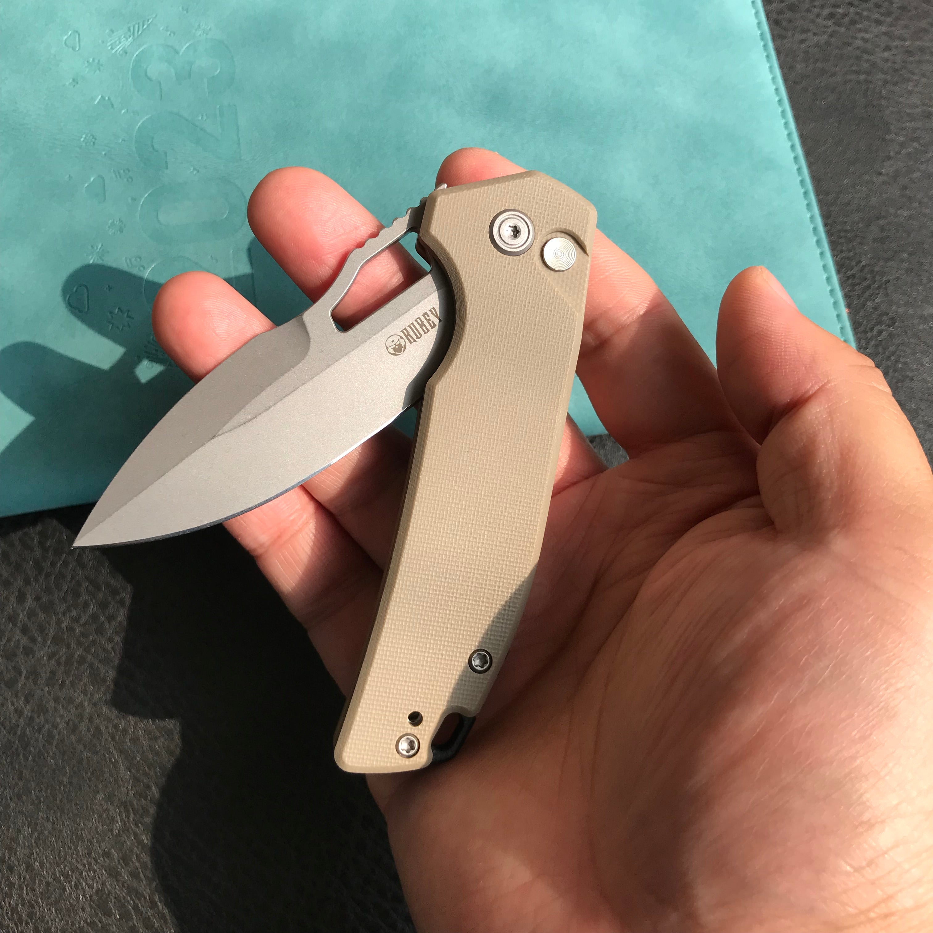 KUBEY KU316D RDF Pocket Knife with Button Lock, Full-Contoured Tan G-10 Handle 3.11" Bead Blasted AUS-10 Blade, Lightweight Hydra Designed Folding Knife for EDC