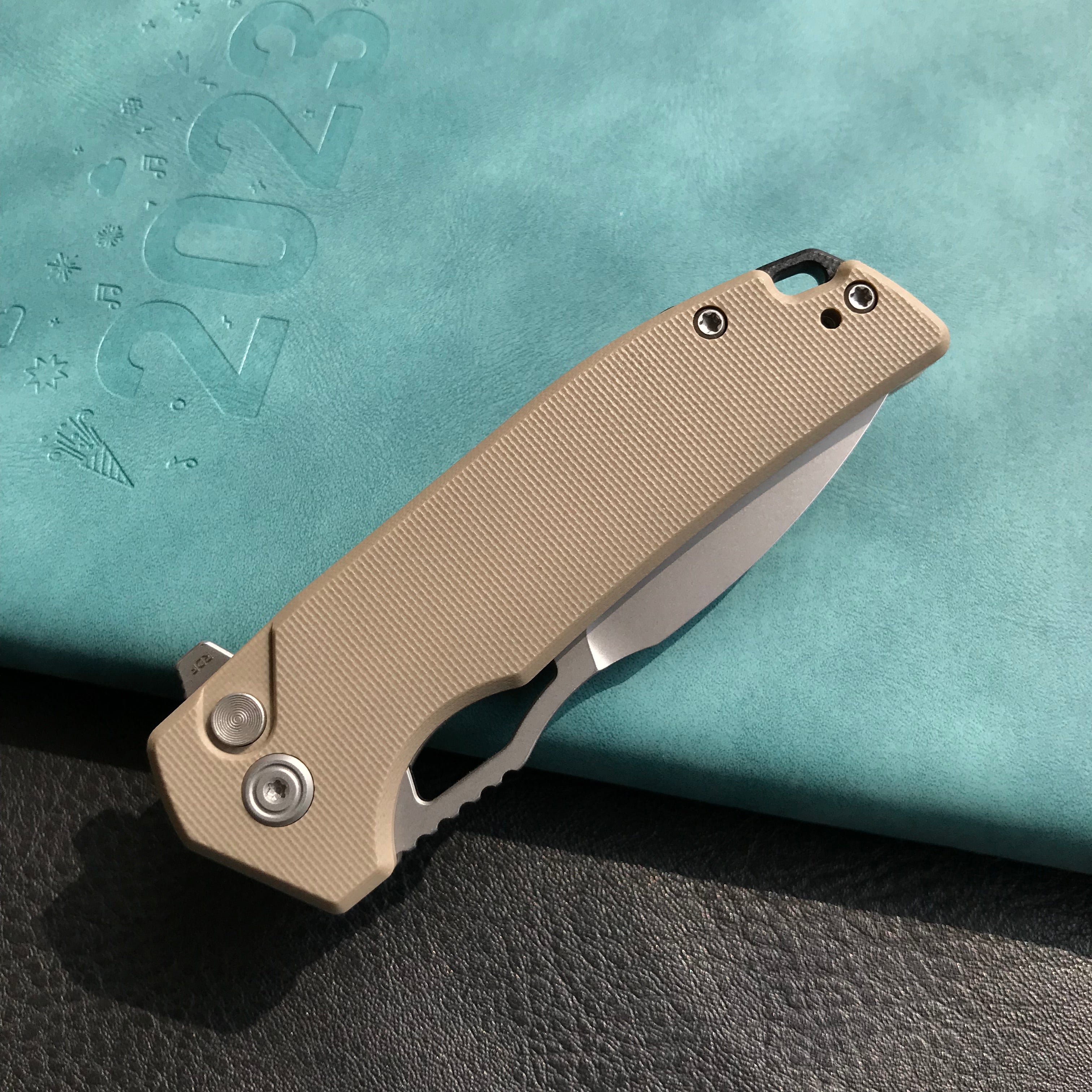 KUBEY KU316D RDF Pocket Knife with Button Lock, Full-Contoured Tan G-10 Handle 3.11" Bead Blasted AUS-10 Blade, Lightweight Hydra Designed Folding Knife for EDC