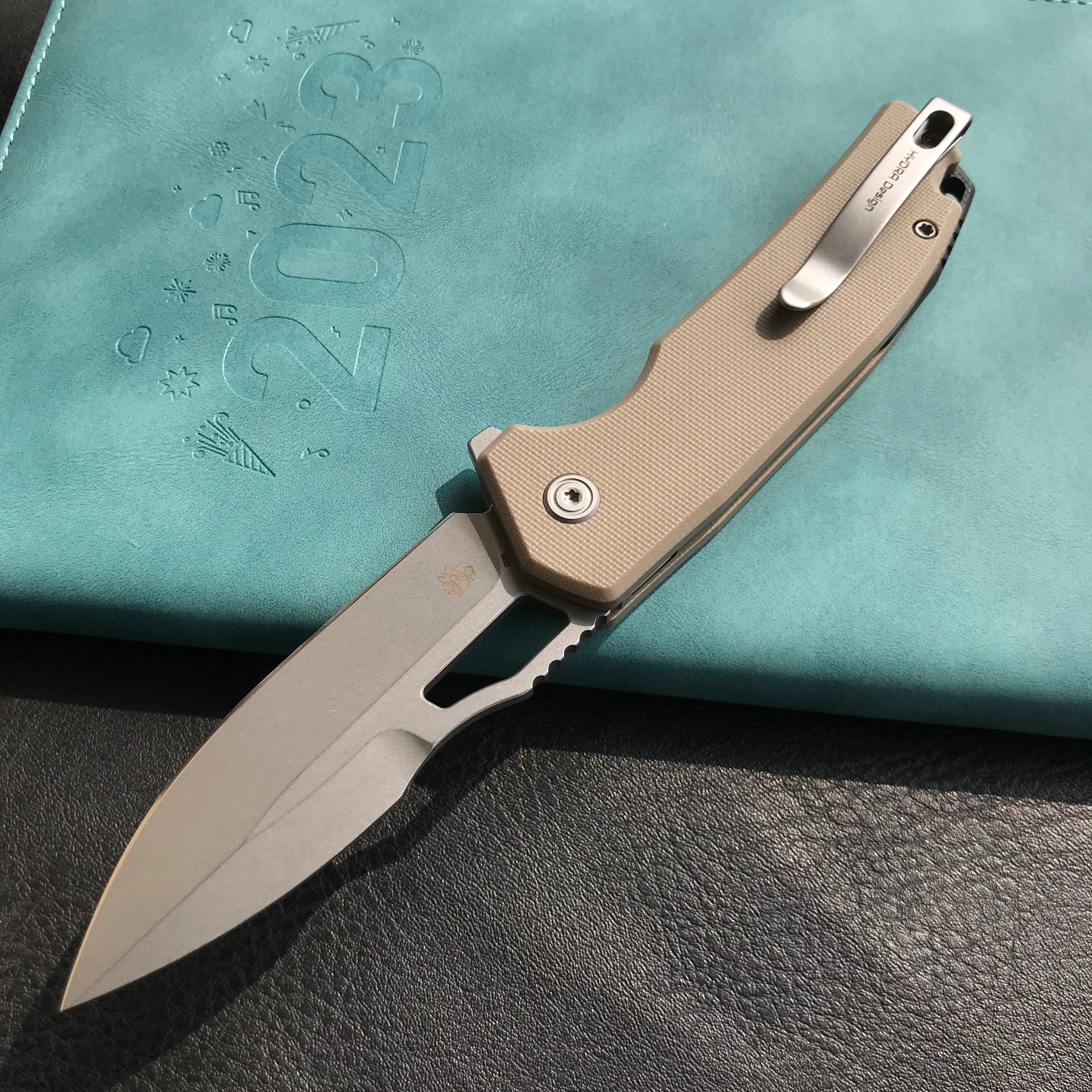 KUBEY KU316D RDF Pocket Knife with Button Lock, Full-Contoured Tan G-10 Handle 3.11" Bead Blasted AUS-10 Blade, Lightweight Hydra Designed Folding Knife for EDC