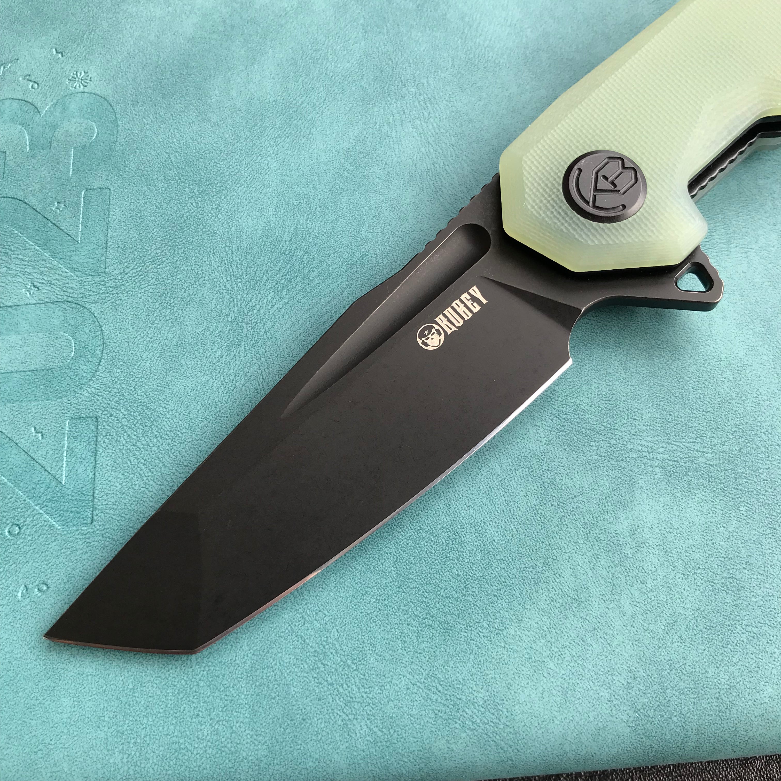 KUBEY KB237F Carve Nest Liner Lock Tactical Folding Knife Jade G-10  Handle 3.27''Black Stonewashe  AUS-10