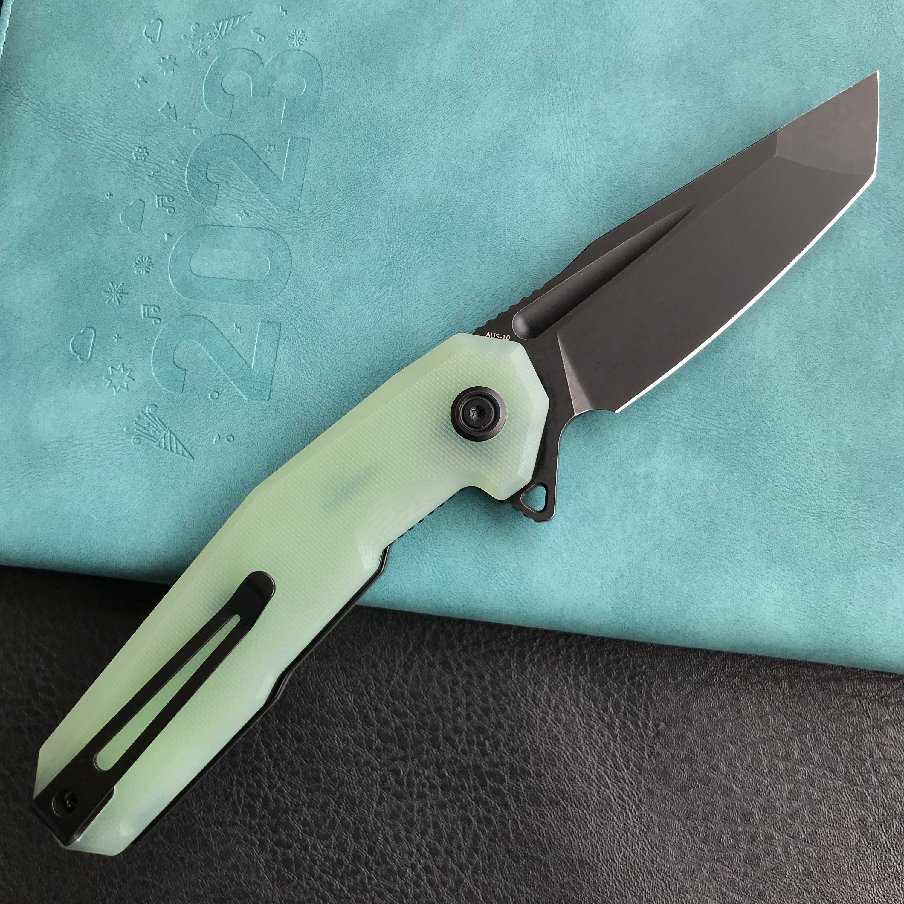 KUBEY KB237F Carve Nest Liner Lock Tactical Folding Knife Jade G-10  Handle 3.27''Black Stonewashe  AUS-10