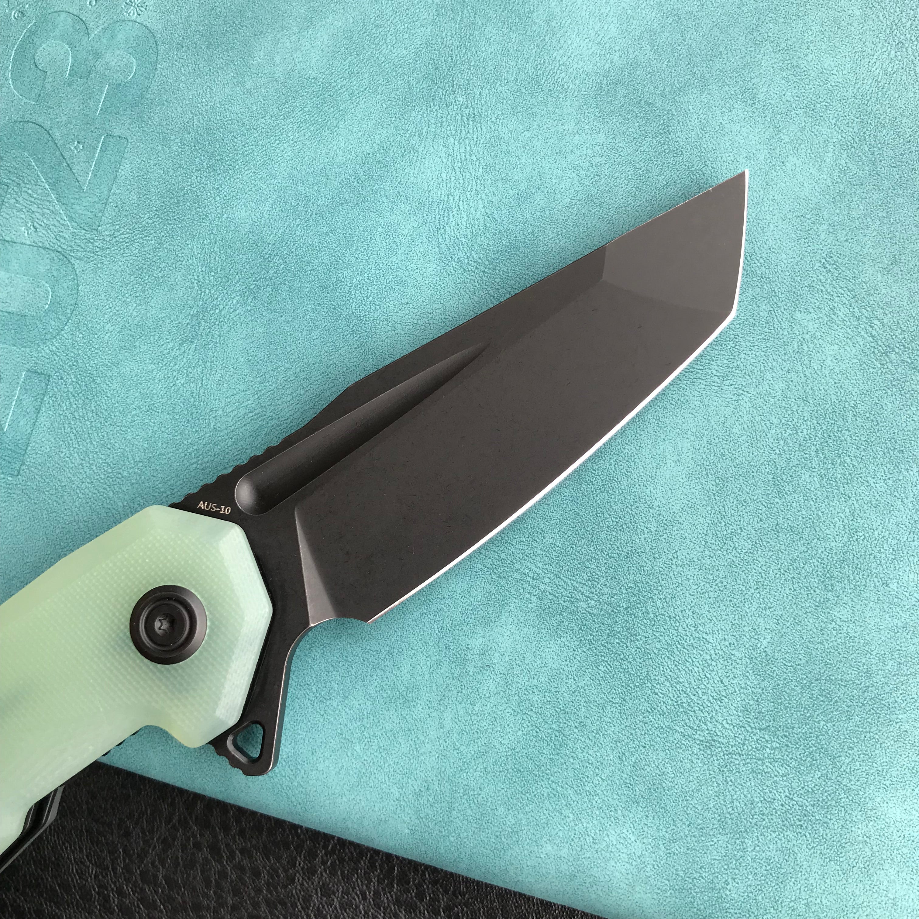 KUBEY KB237F Carve Nest Liner Lock Tactical Folding Knife Jade G-10  Handle 3.27''Black Stonewashe  AUS-10