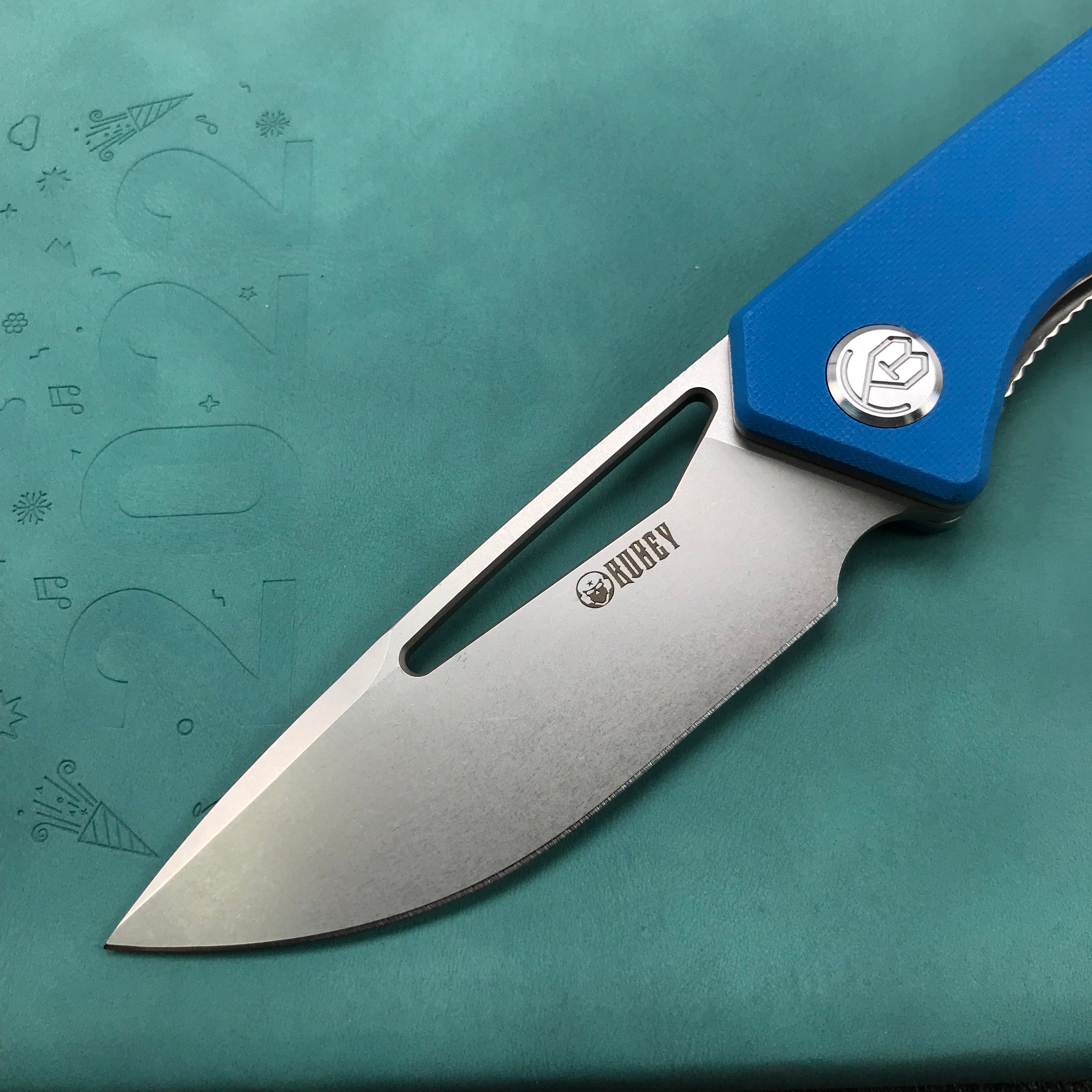 KUBEY KU331B Front Flipper EDC Pocket Folding Knife  blue G10 Handle 3.27" Bead Blasted Stonewashed D2