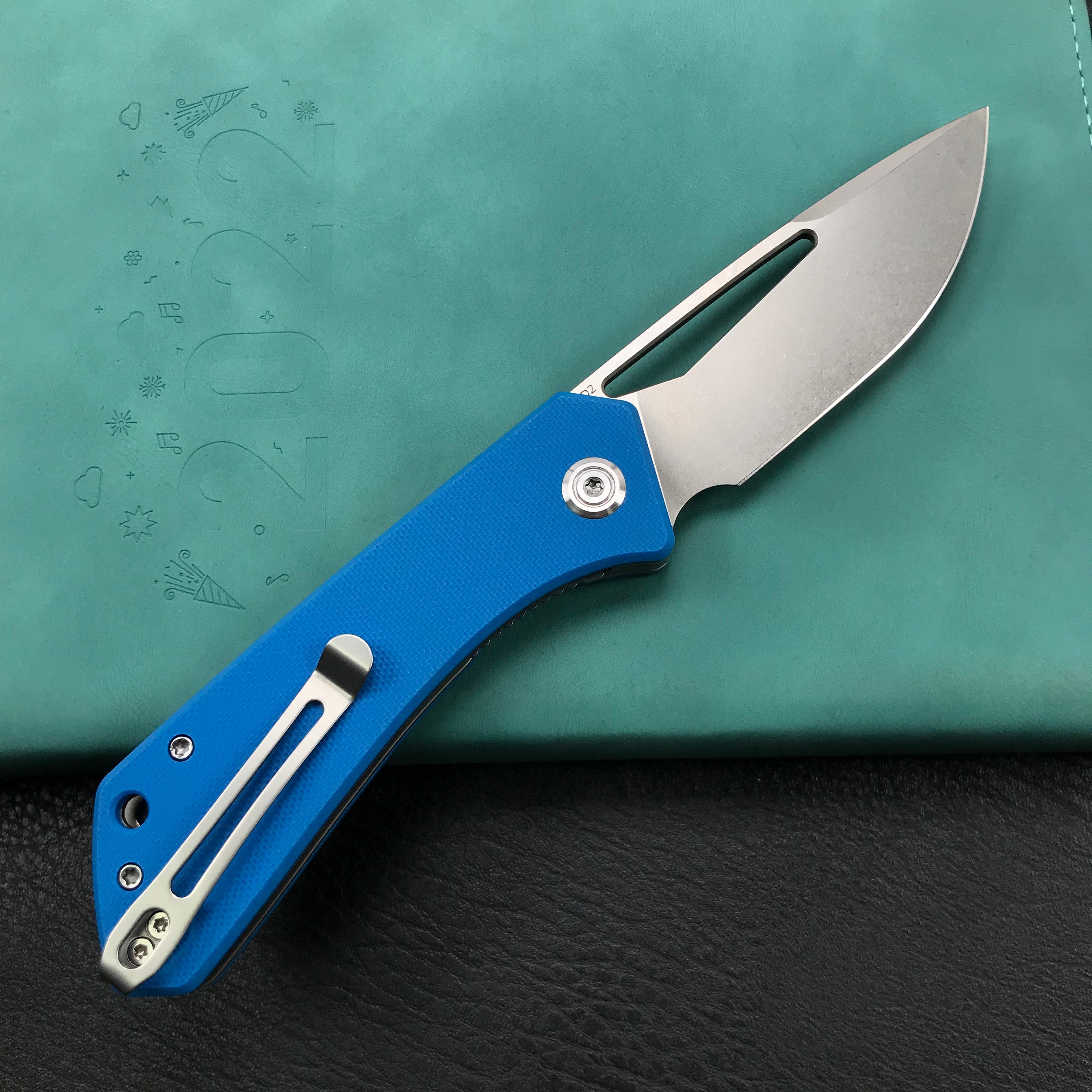 KUBEY KU331B Front Flipper EDC Pocket Folding Knife  blue G10 Handle 3.27" Bead Blasted Stonewashed D2