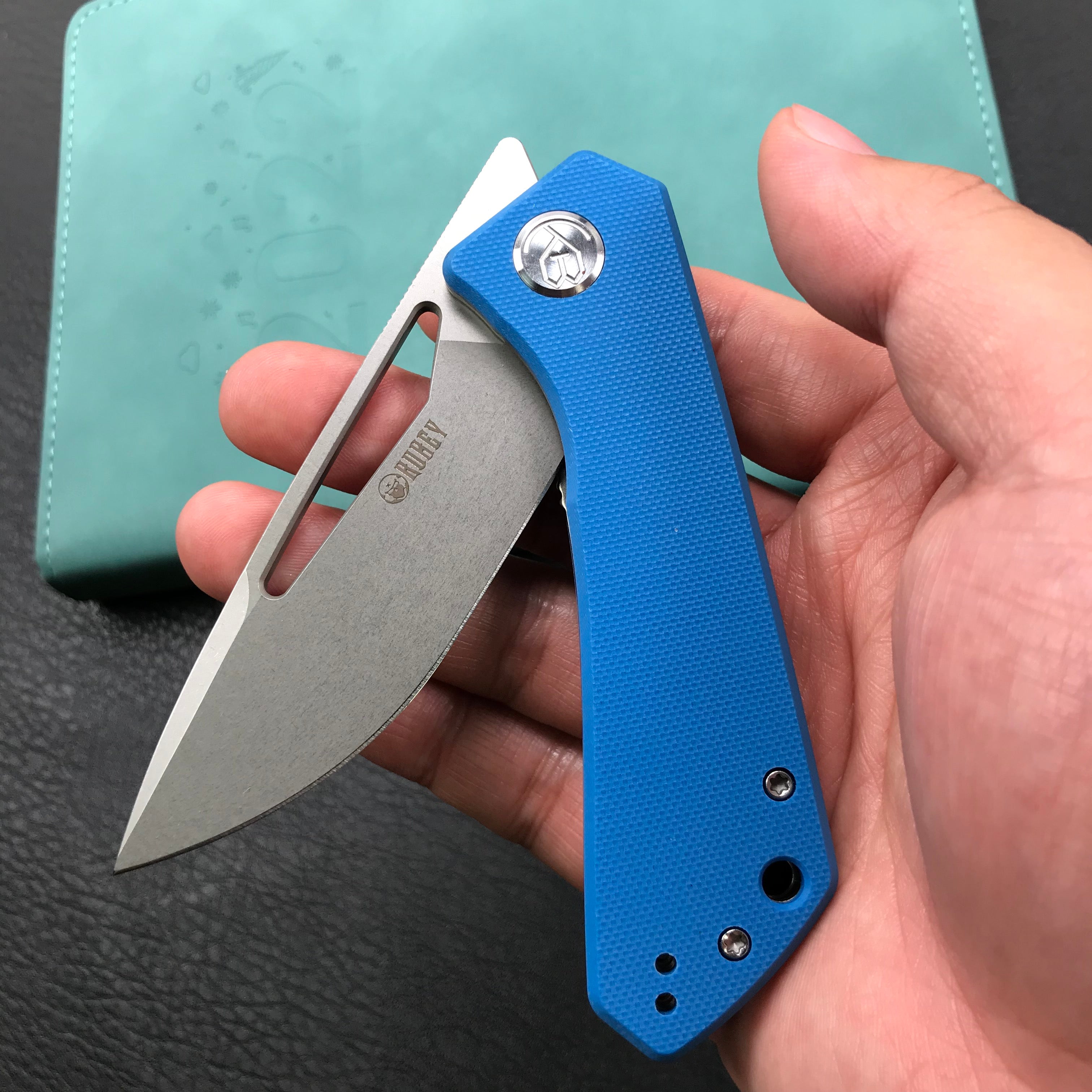 KUBEY KU331B Front Flipper EDC Pocket Folding Knife  blue G10 Handle 3.27" Bead Blasted Stonewashed D2