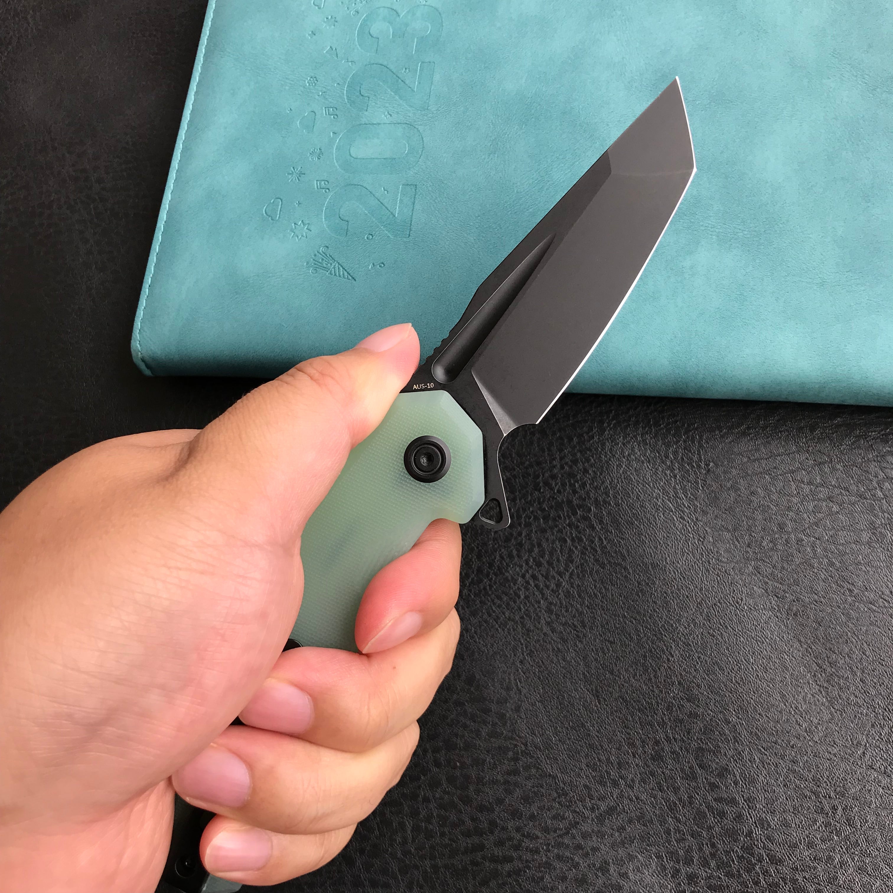 KUBEY KB237F Carve Nest Liner Lock Tactical Folding Knife Jade G-10  Handle 3.27''Black Stonewashe  AUS-10