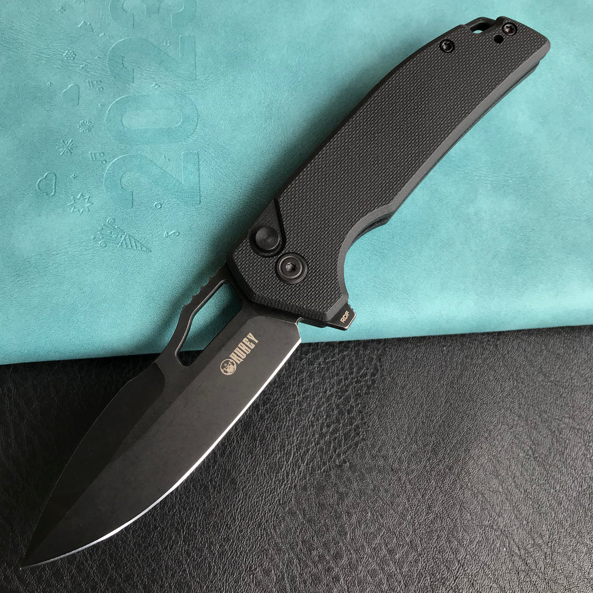 KUBEY KU316A RDF Pocket Knife with Button Lock, Full-Contoured Black G-10 Handle 3.11" Black Stonewashe AUS-10 Blade, Lightweight Hydra Designed Folding Knife for EDC