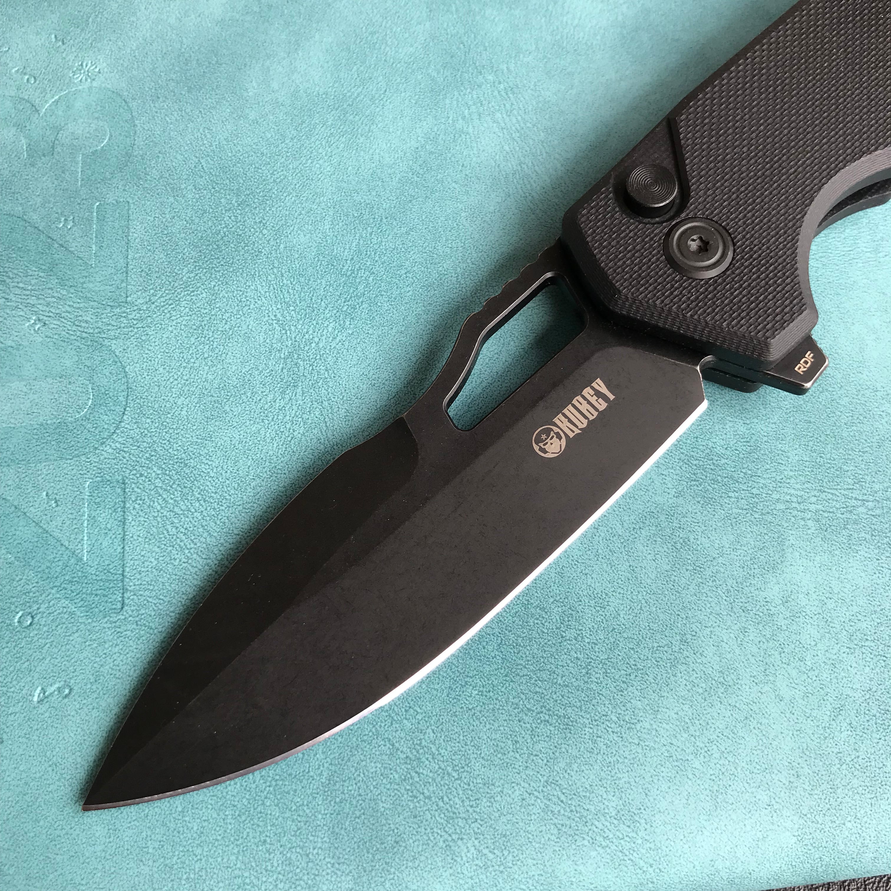 KUBEY KU316A RDF Pocket Knife with Button Lock, Full-Contoured Black G-10 Handle 3.11" Black Stonewashe AUS-10 Blade, Lightweight Hydra Designed Folding Knife for EDC