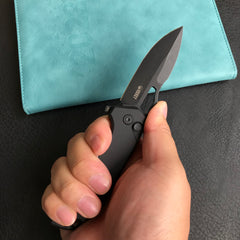 KUBEY KU316A RDF Pocket Knife with Button Lock, Full-Contoured Black G-10 Handle 3.11" Black Stonewashe AUS-10 Blade, Lightweight Hydra Designed Folding Knife for EDC