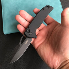 KUBEY KU316A RDF Pocket Knife with Button Lock, Full-Contoured Black G-10 Handle 3.11" Black Stonewashe AUS-10 Blade, Lightweight Hydra Designed Folding Knife for EDC