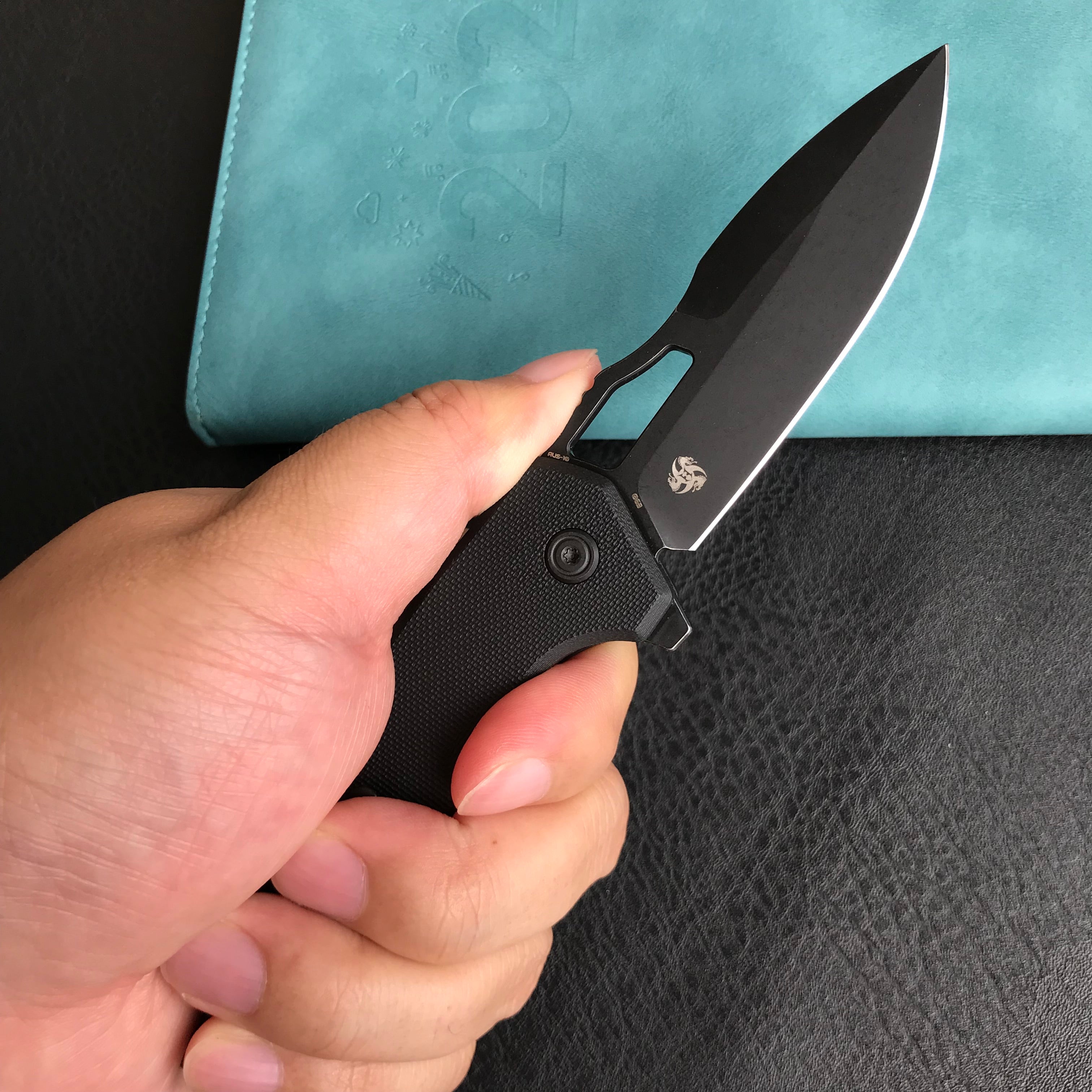 KUBEY KU316A RDF Pocket Knife with Button Lock, Full-Contoured Black G-10 Handle 3.11" Black Stonewashe AUS-10 Blade, Lightweight Hydra Designed Folding Knife for EDC