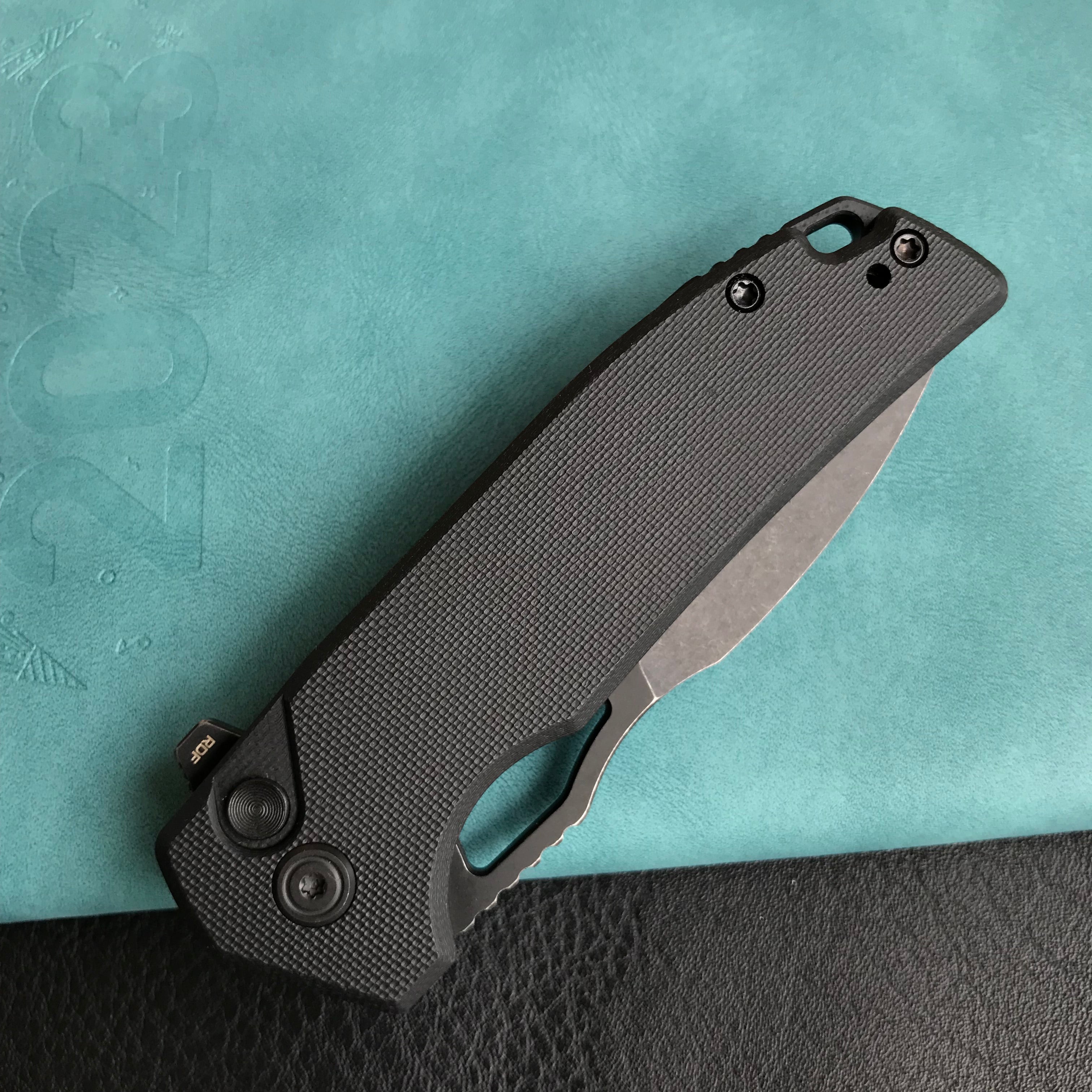 KUBEY KU316A RDF Pocket Knife with Button Lock, Full-Contoured Black G-10 Handle 3.11" Black Stonewashe AUS-10 Blade, Lightweight Hydra Designed Folding Knife for EDC