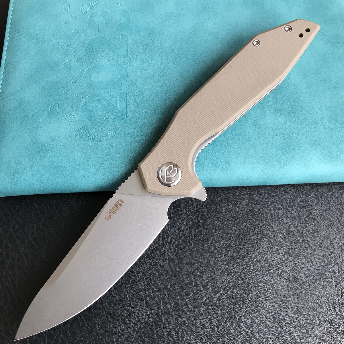 KUBEY KU117I Nova Liner Lock Flipper Folding Pocket Knife Tan G10 Handle Blasted Stonewashed  D2