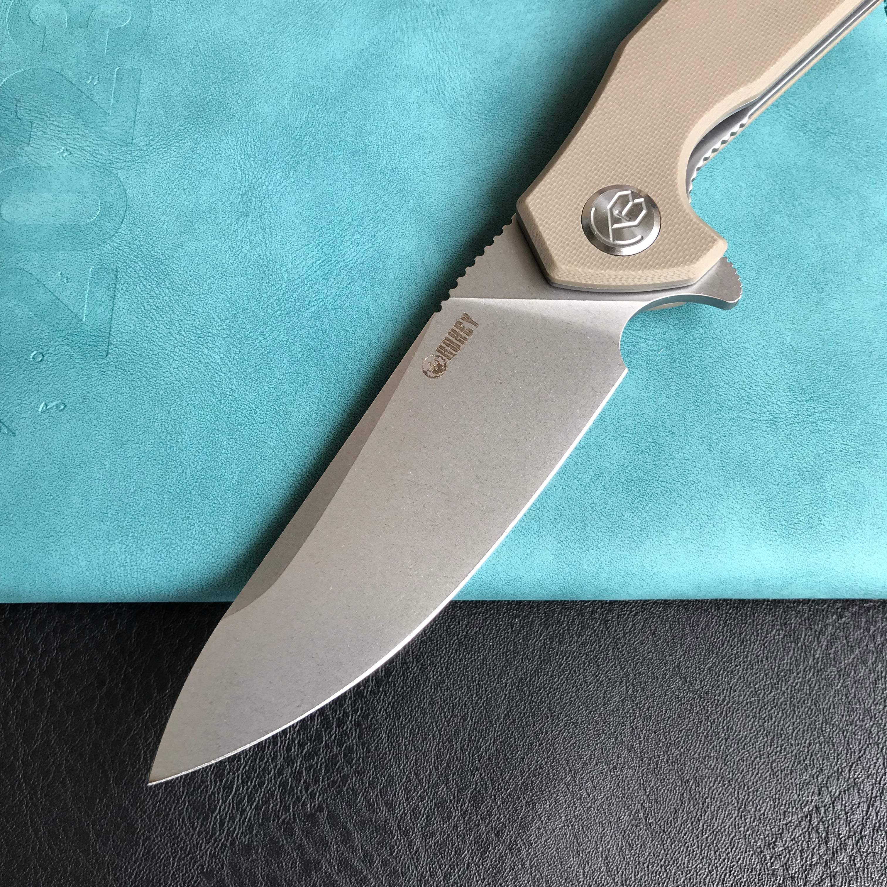 KUBEY KU117I Nova Liner Lock Flipper Folding Pocket Knife Tan G10 Handle Blasted Stonewashed  D2