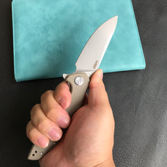 KUBEY KU117I Nova Liner Lock Flipper Folding Pocket Knife Tan G10 Handle Blasted Stonewashed  D2