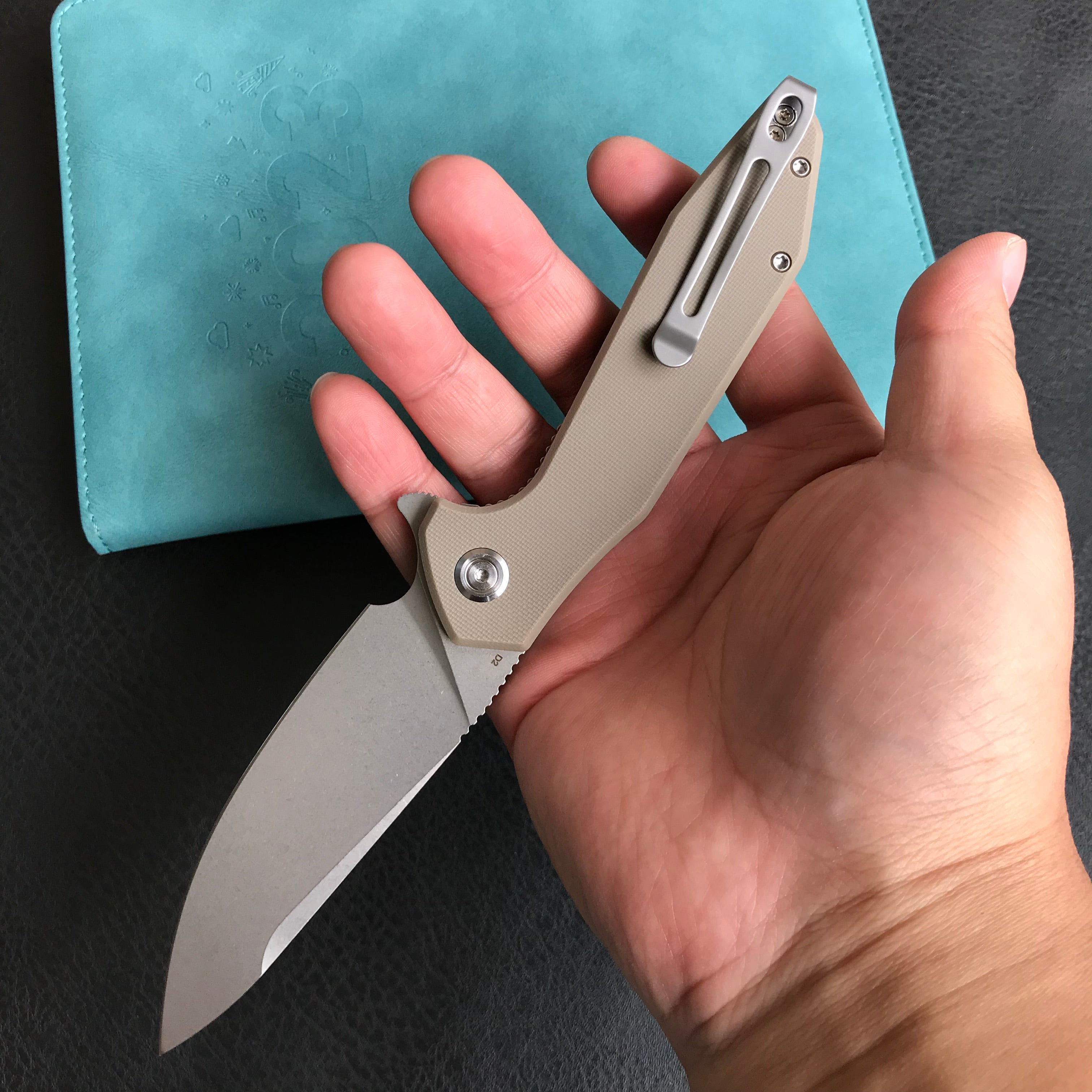 KUBEY KU117I Nova Liner Lock Flipper Folding Pocket Knife Tan G10 Handle Blasted Stonewashed  D2