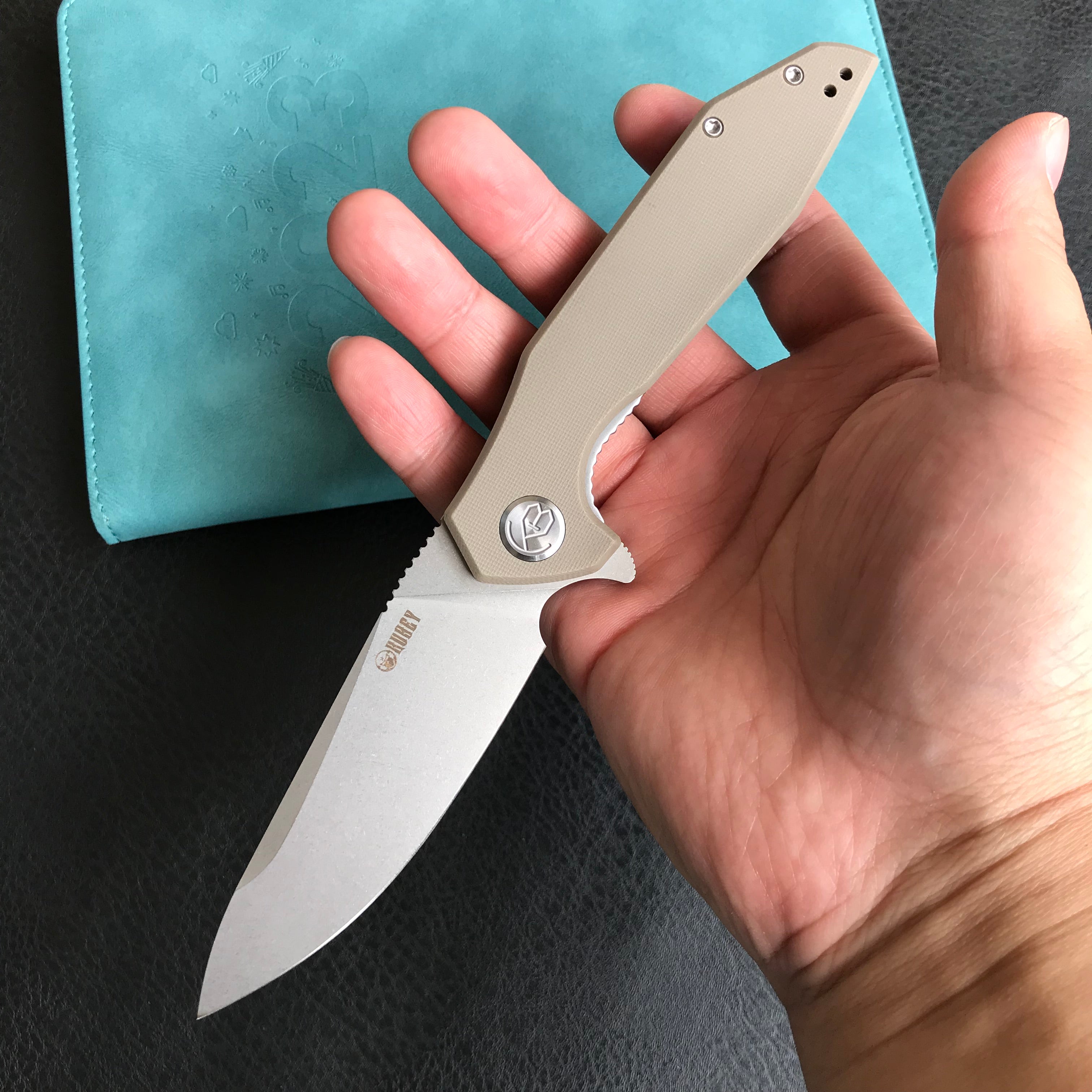 KUBEY KU117I Nova Liner Lock Flipper Folding Pocket Knife Tan G10 Handle Blasted Stonewashed  D2