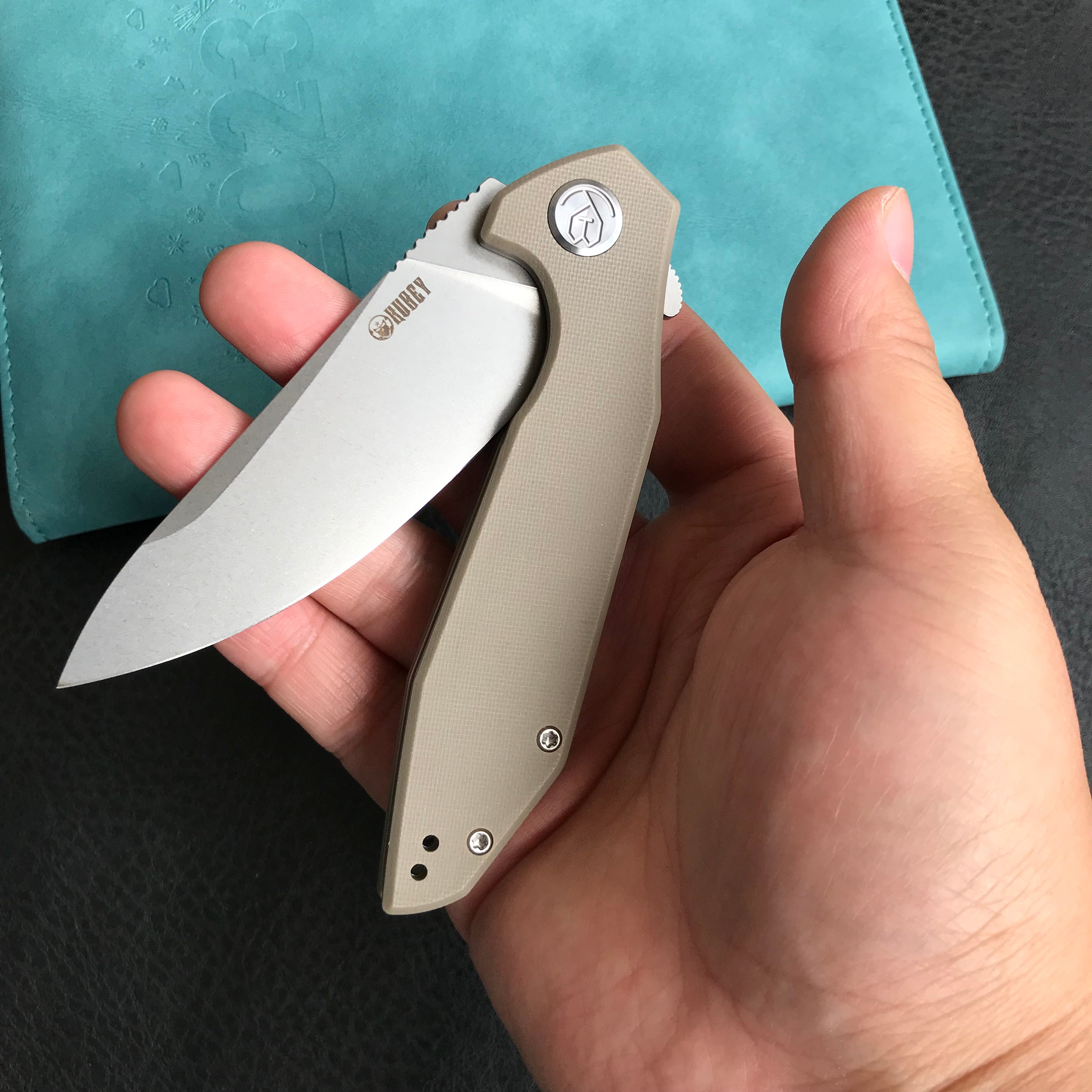 KUBEY KU117I Nova Liner Lock Flipper Folding Pocket Knife Tan G10 Handle Blasted Stonewashed  D2