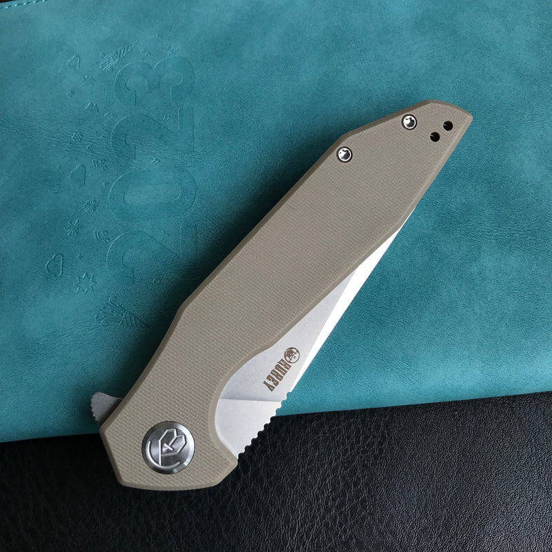 KUBEY KU117I Nova Liner Lock Flipper Folding Pocket Knife Tan G10 Handle Blasted Stonewashed  D2
