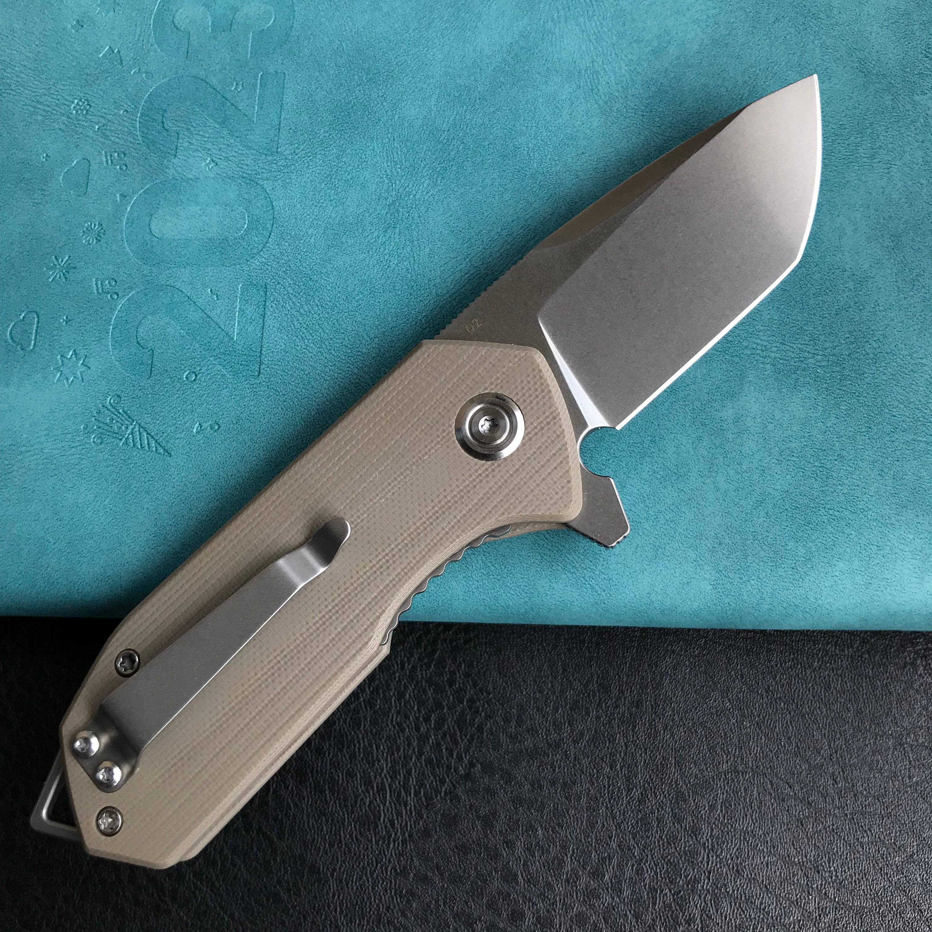 KUBEY KU203G Chubby Liner Lock EDC Flipper Knife Tan G10 Handle (2.36" Sandblast D2)