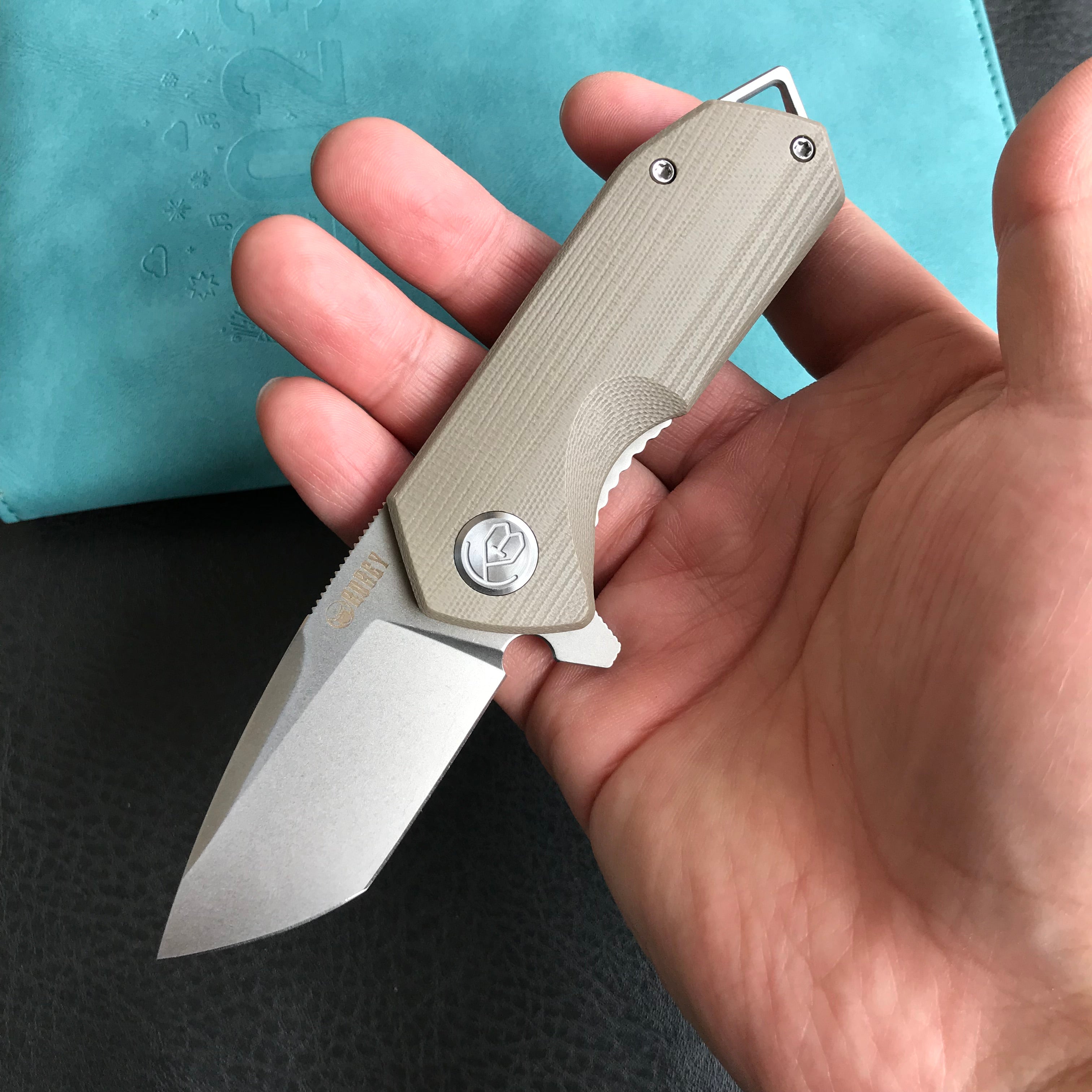 KUBEY KU203G Chubby Liner Lock EDC Flipper Knife Tan G10 Handle (2.36" Sandblast D2)