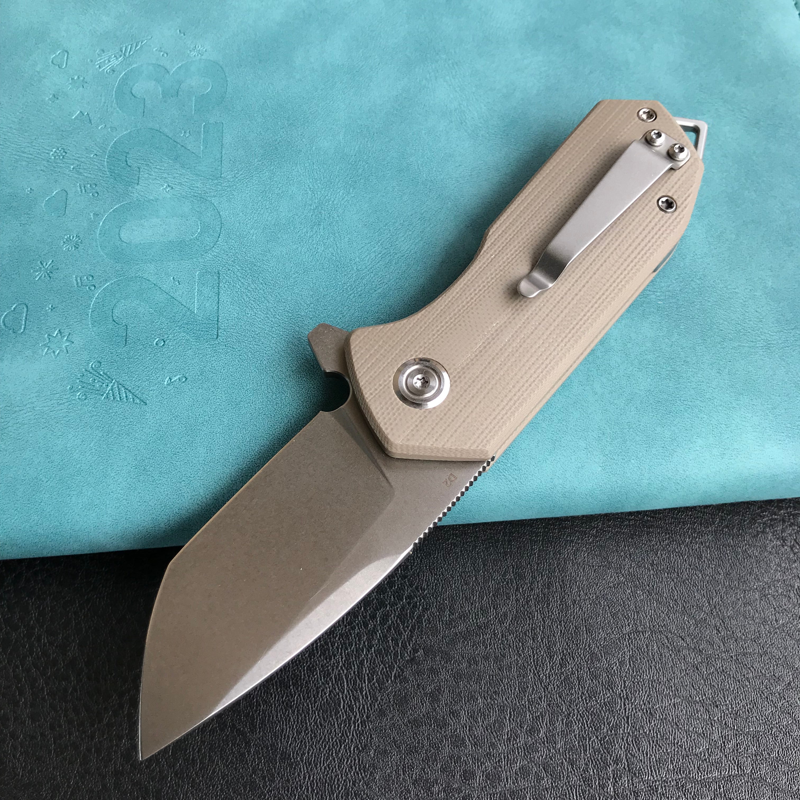 KUBEY KU203G Chubby Liner Lock EDC Flipper Knife Tan G10 Handle (2.36" Sandblast D2)