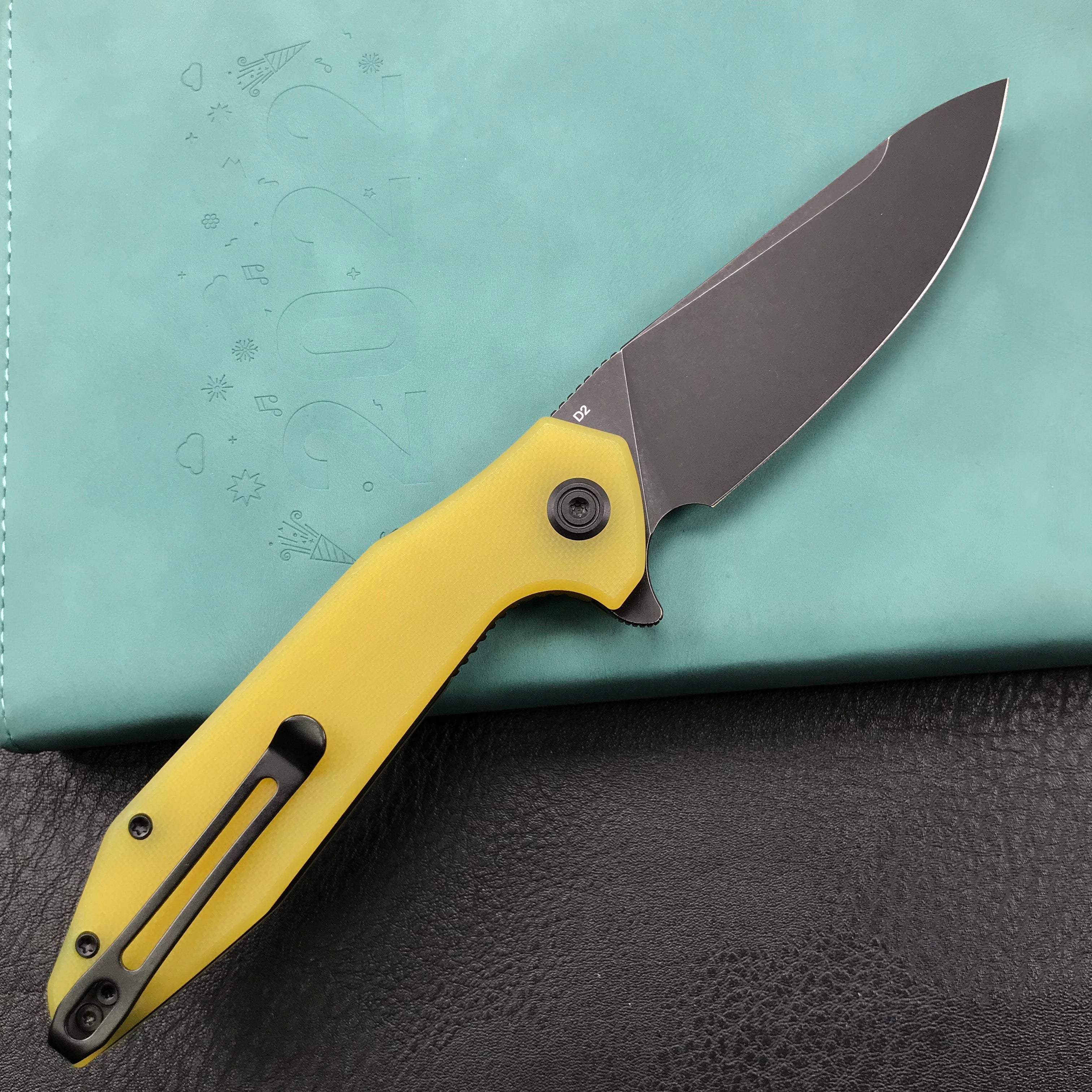 KUBEY KU117C Nova Liner Lock Flipper Folding Pocket Knife Yellow G10 Handle 3.62" Dark Stonewahsed D2