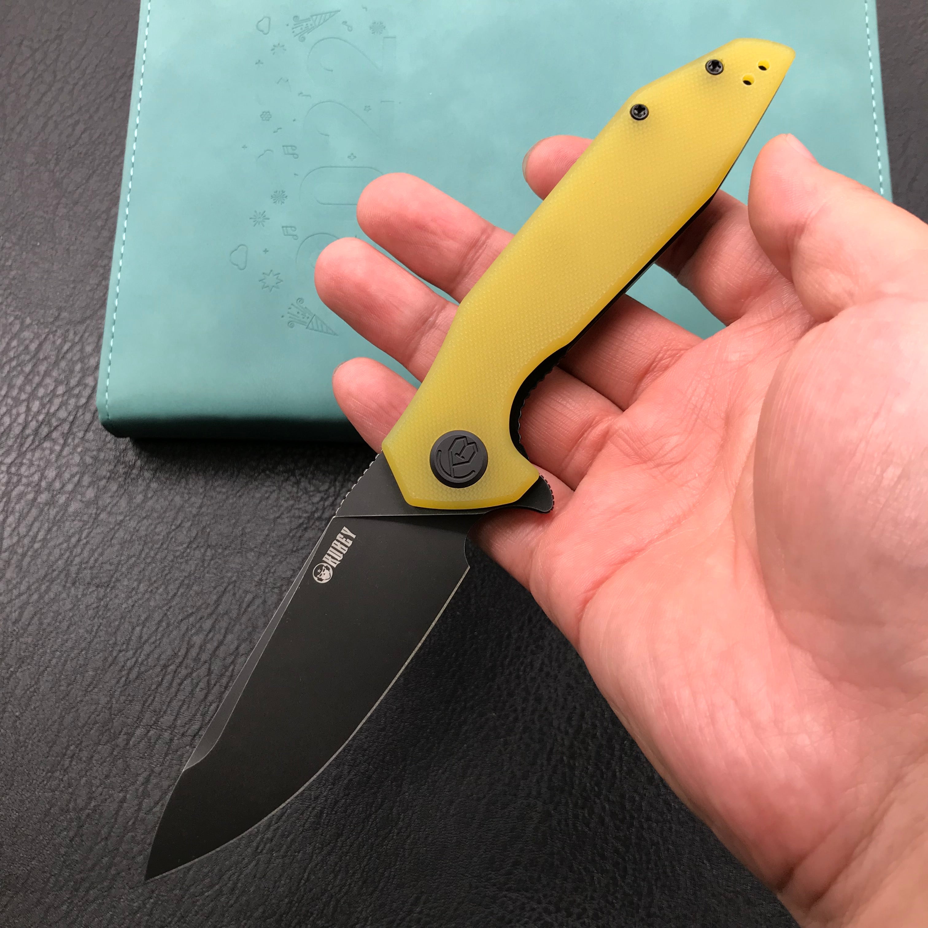 KUBEY KU117C Nova Liner Lock Flipper Folding Pocket Knife Yellow G10 Handle 3.62" Dark Stonewahsed D2