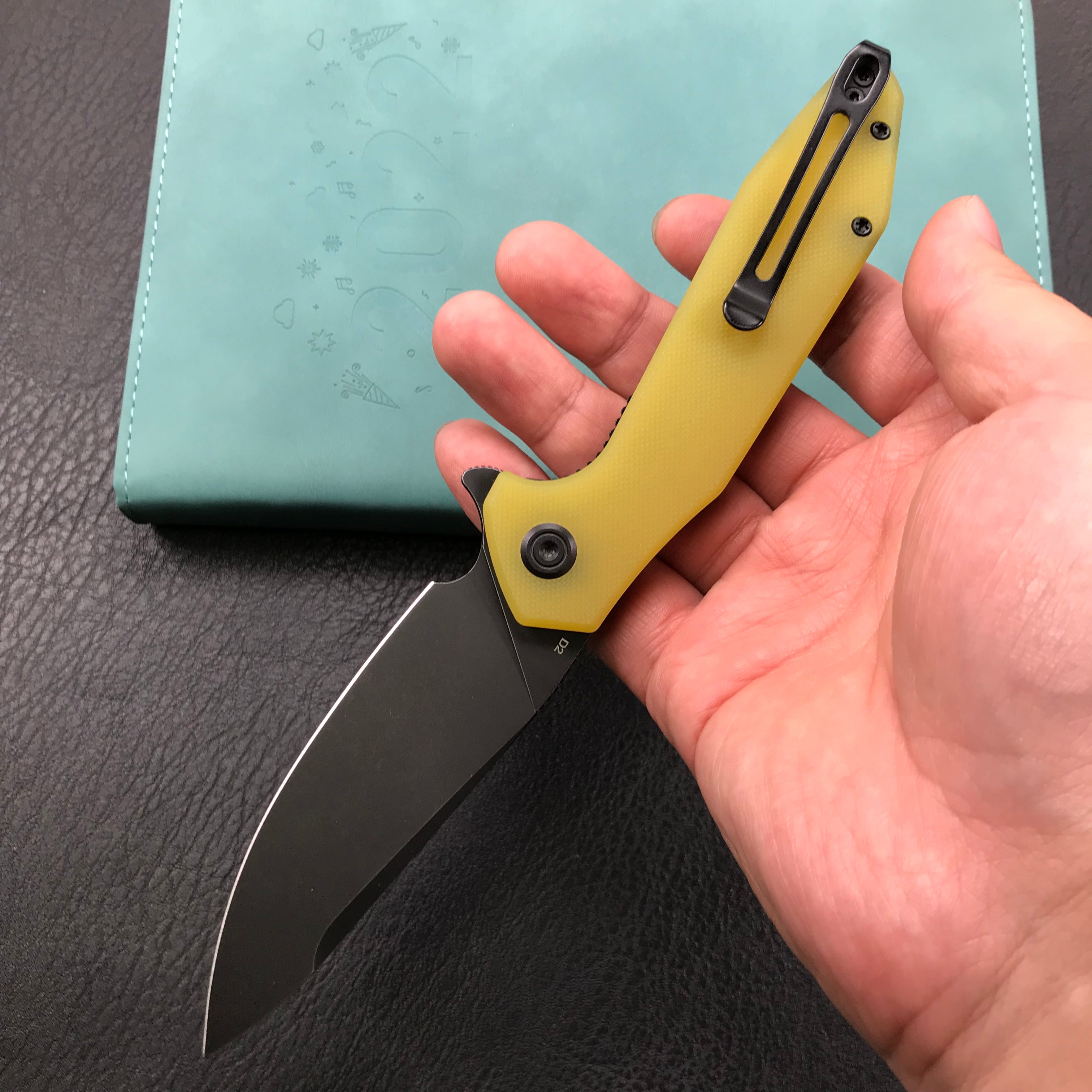 KUBEY KU117C Nova Liner Lock Flipper Folding Pocket Knife Yellow G10 Handle 3.62" Dark Stonewahsed D2