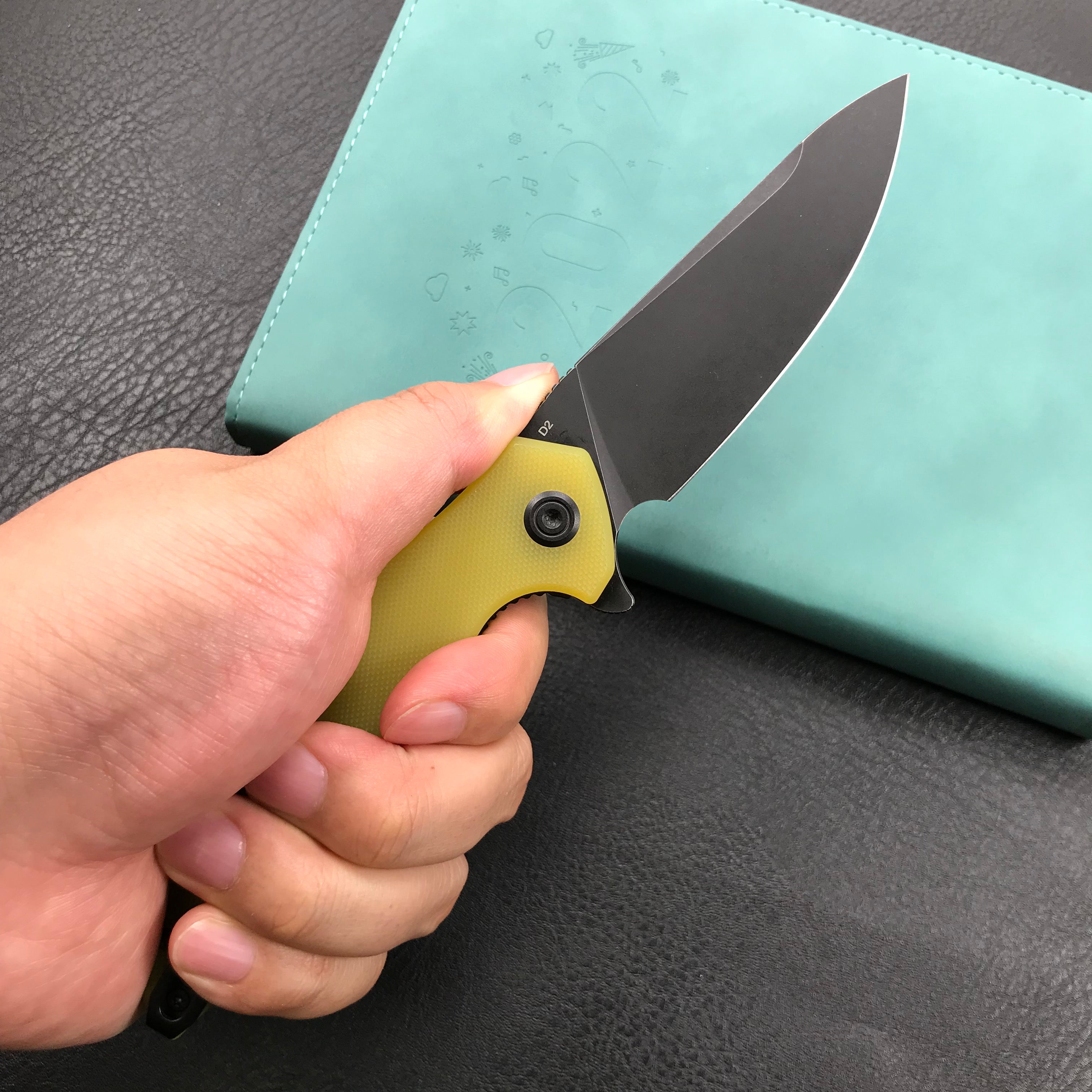 KUBEY KU117C Nova Liner Lock Flipper Folding Pocket Knife Yellow G10 Handle 3.62" Dark Stonewahsed D2