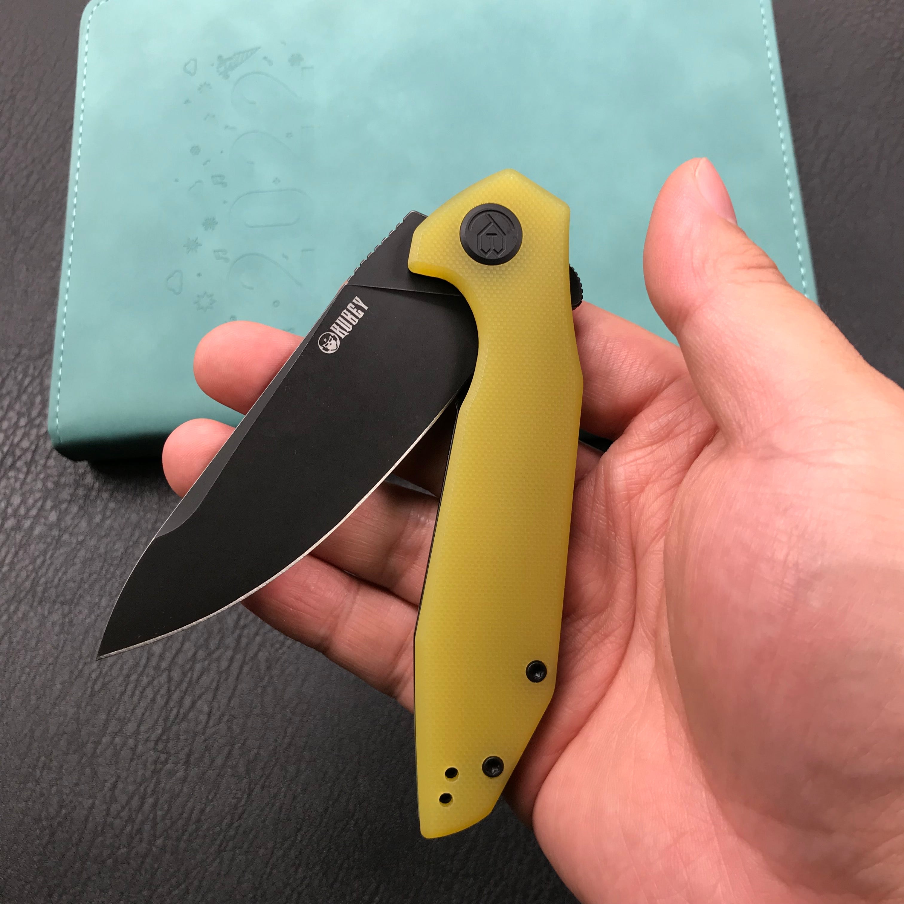 KUBEY KU117C Nova Liner Lock Flipper Folding Pocket Knife Yellow G10 Handle 3.62" Dark Stonewahsed D2