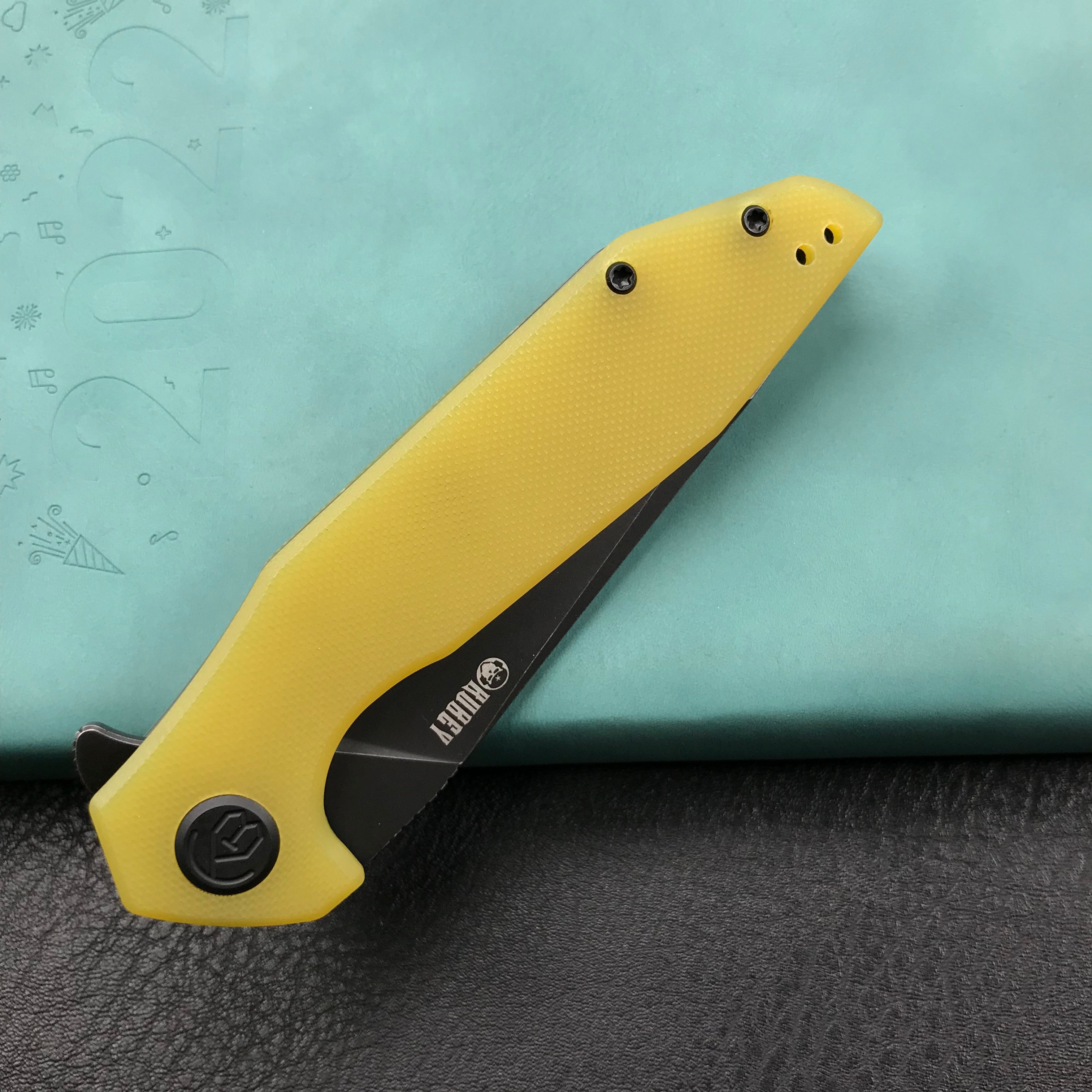 KUBEY KU117C Nova Liner Lock Flipper Folding Pocket Knife Yellow G10 Handle 3.62" Dark Stonewahsed D2