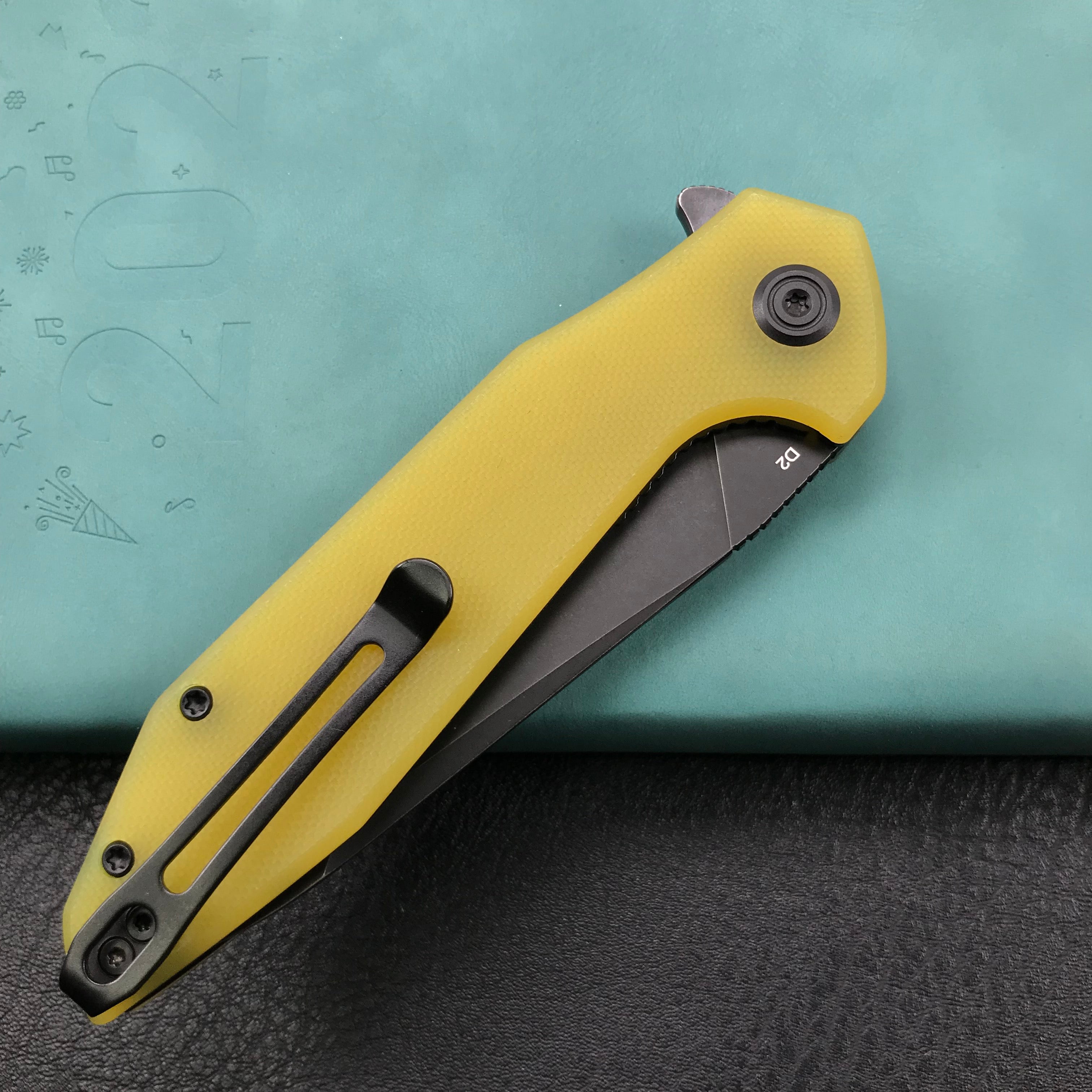 KUBEY KU117C Nova Liner Lock Flipper Folding Pocket Knife Yellow G10 Handle 3.62" Dark Stonewahsed D2