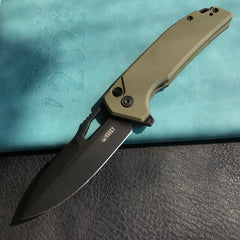 KUBEY KU316B RDF Pocket Knife with Button Lock, Full-Contoured Green G-10 Handle 3.11" Blackwash AUS-10 Blade, Lightweight Hydra Designed Folding Knife for EDC