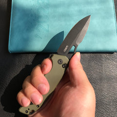 KUBEY KU316B RDF Pocket Knife with Button Lock, Full-Contoured Green G-10 Handle 3.11" Blackwash AUS-10 Blade, Lightweight Hydra Designed Folding Knife for EDC