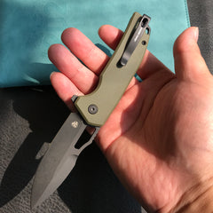 KUBEY KU316B RDF Pocket Knife with Button Lock, Full-Contoured Green G-10 Handle 3.11" Blackwash AUS-10 Blade, Lightweight Hydra Designed Folding Knife for EDC