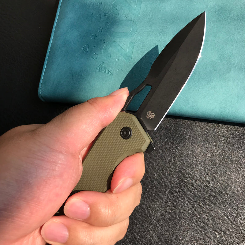 KUBEY KU316B RDF Pocket Knife with Button Lock, Full-Contoured Green G-10 Handle 3.11" Blackwash AUS-10 Blade, Lightweight Hydra Designed Folding Knife for EDC