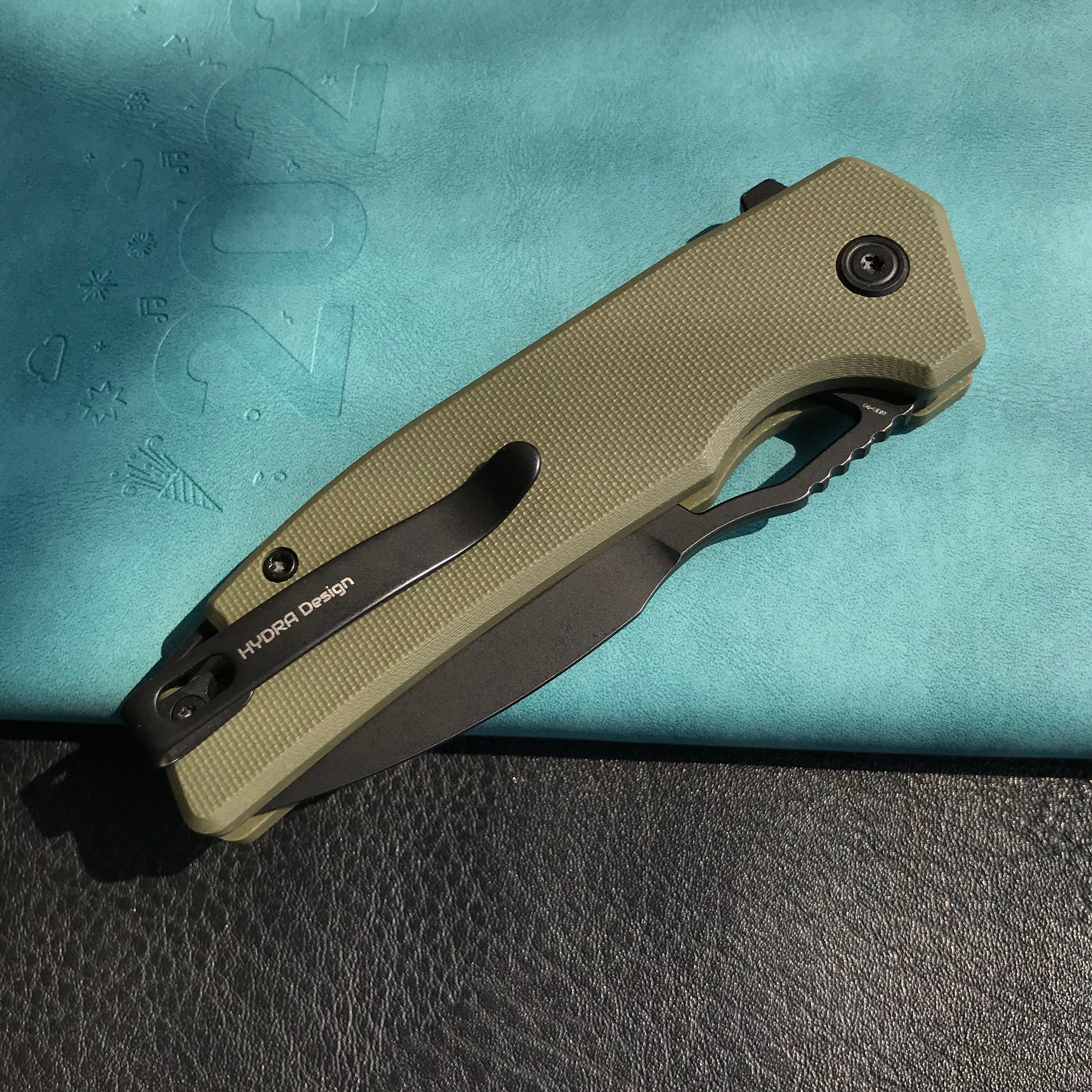 KUBEY KU316B RDF Pocket Knife with Button Lock, Full-Contoured Green G-10 Handle 3.11" Blackwash AUS-10 Blade, Lightweight Hydra Designed Folding Knife for EDC