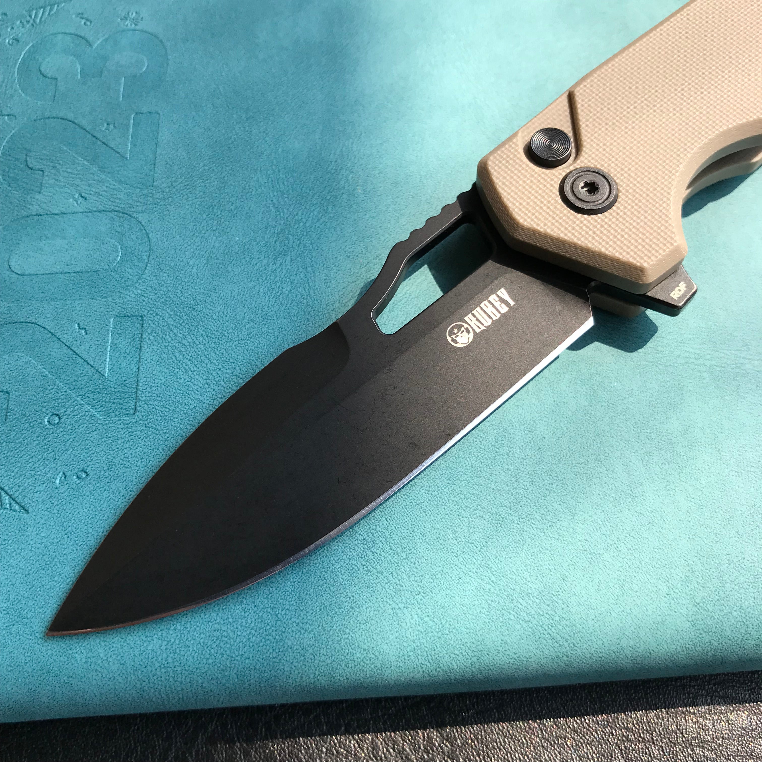 KUBEY  KU316F  RDF Pocket Knife with Button Lock, Full-Contoured Tan G-10 Handle 3.11" Blackwash AUS-10 Blade, Lightweight Hydra Designed Folding Knife for EDC