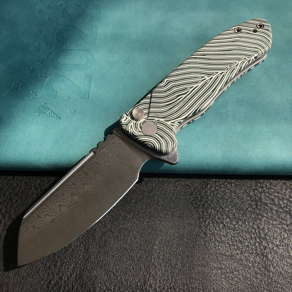 KUBEY KU336A Creon Small Pocket Knife with Button Lock White Green G10 Handle 2.87" Damascus Steel