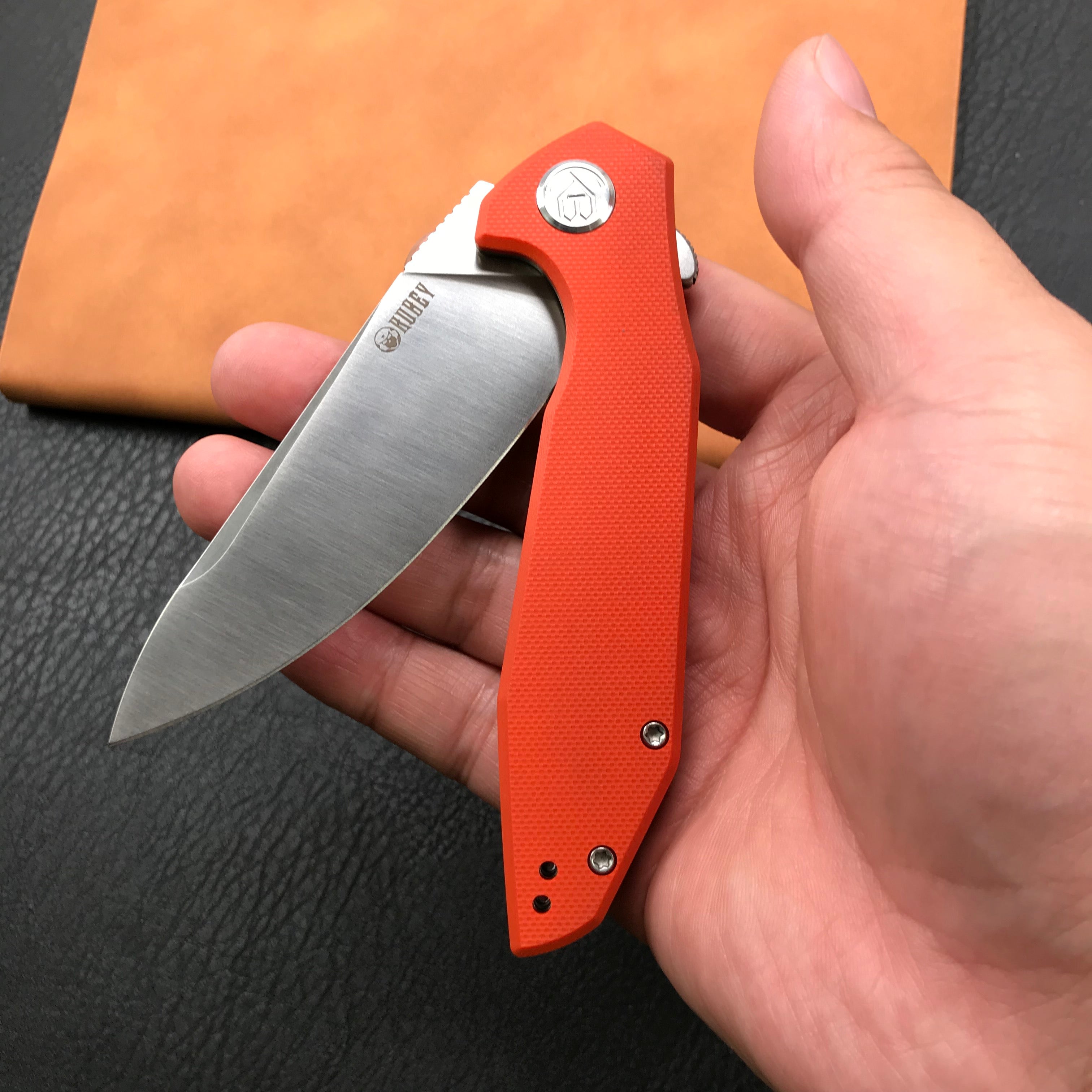 KUBEY KU117D Nova Liner Lock Flipper Folding Pocket Knife Orange G10 Handle Satin D2