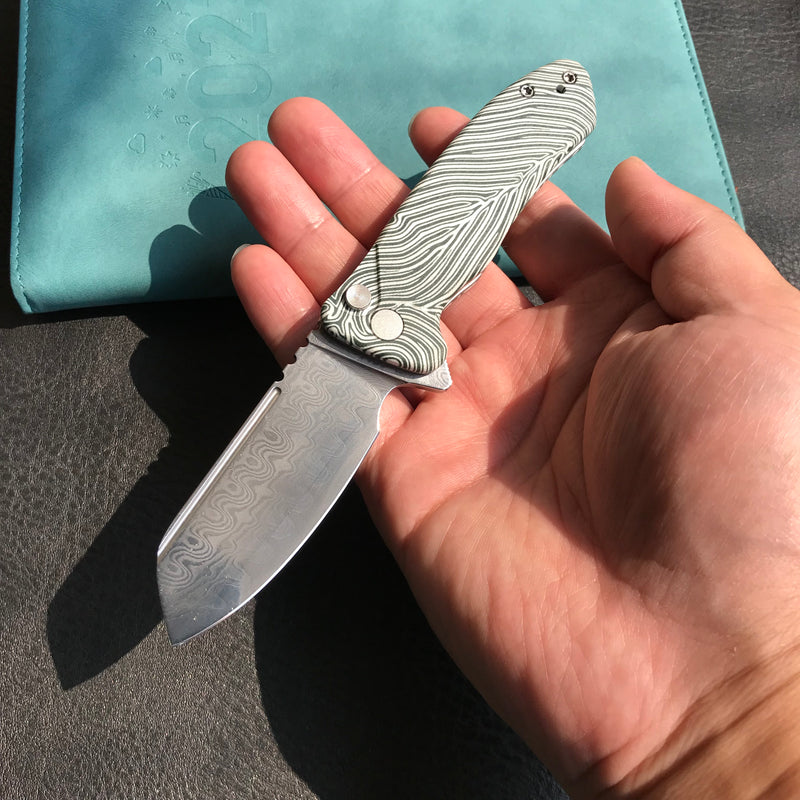 KUBEY KU336A Creon Small Pocket Knife with Button Lock White Green G10 Handle 2.87" Damascus Steel