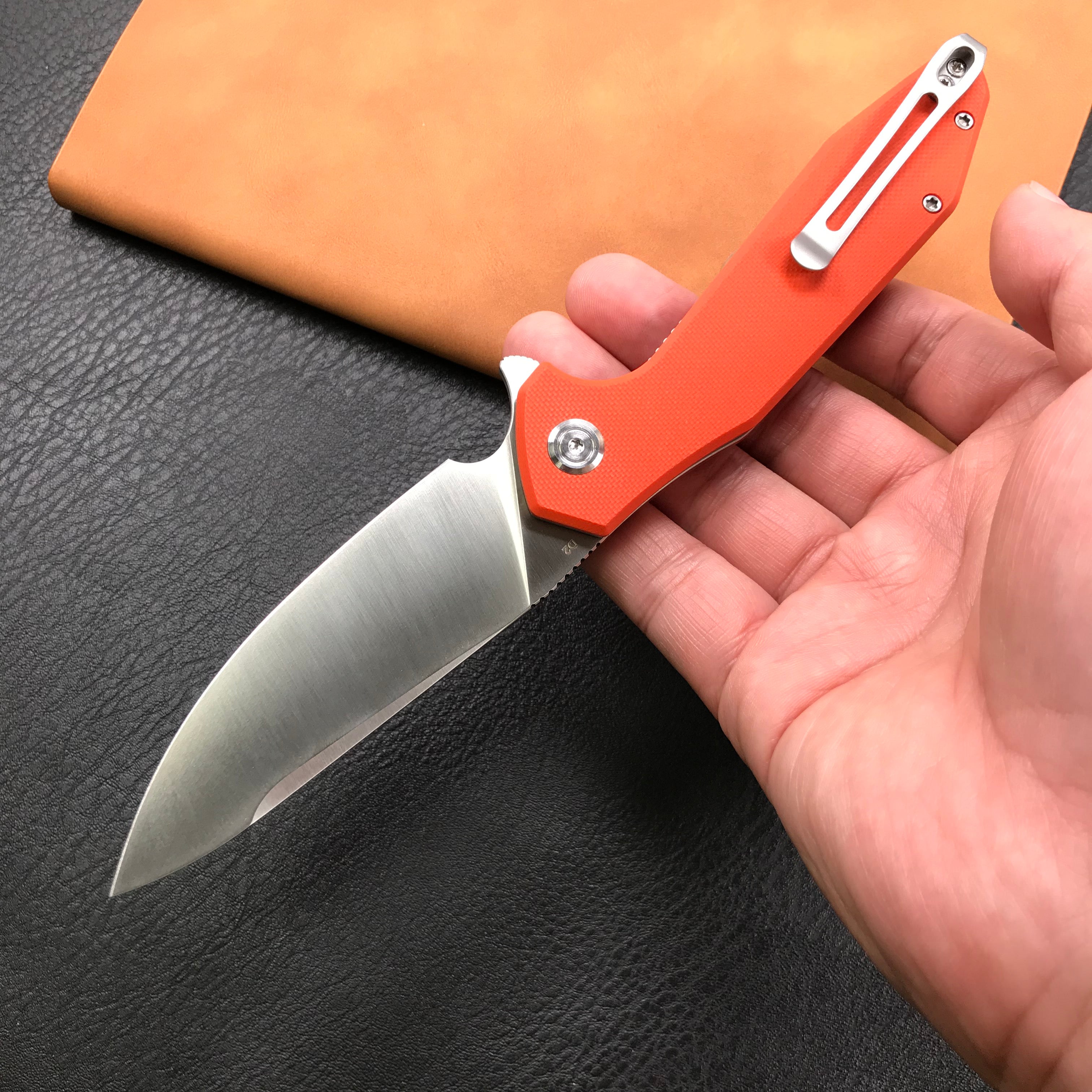 KUBEY KU117D Nova Liner Lock Flipper Folding Pocket Knife Orange G10 Handle Satin D2