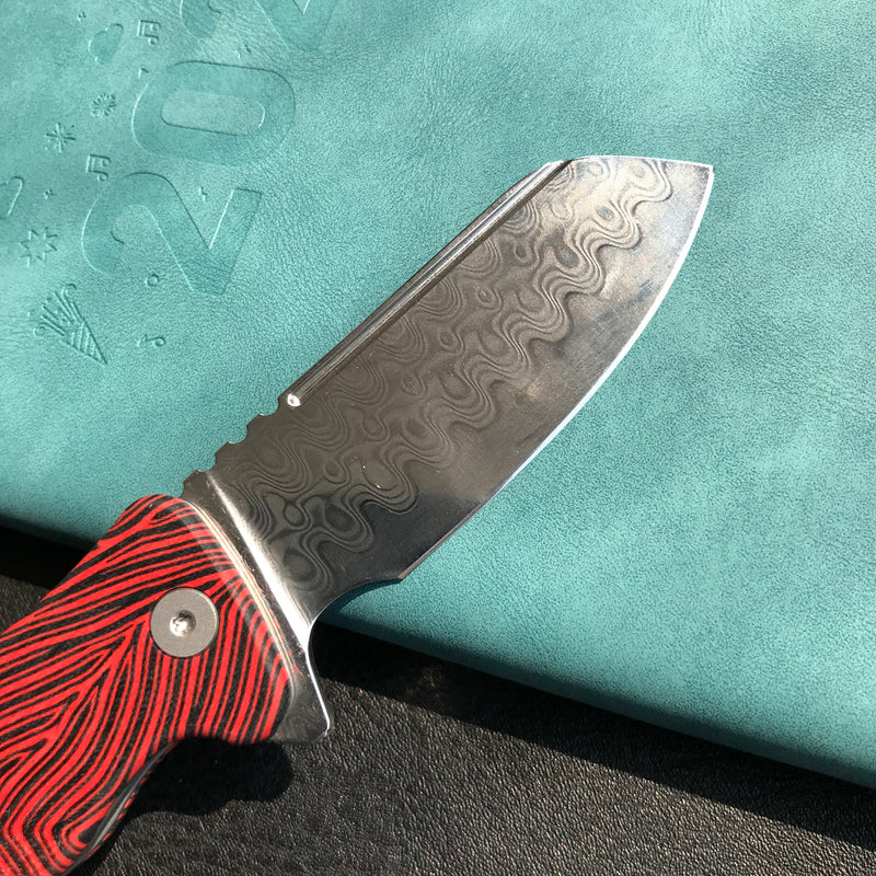 KUBEY KU336B Creon Small Pocket Knife with Button Lock Red Black G10 Handle 2.87" Damascus Steel