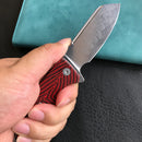 KUBEY KU336B Creon Small Pocket Knife with Button Lock Red Black G10 Handle 2.87" Damascus Steel