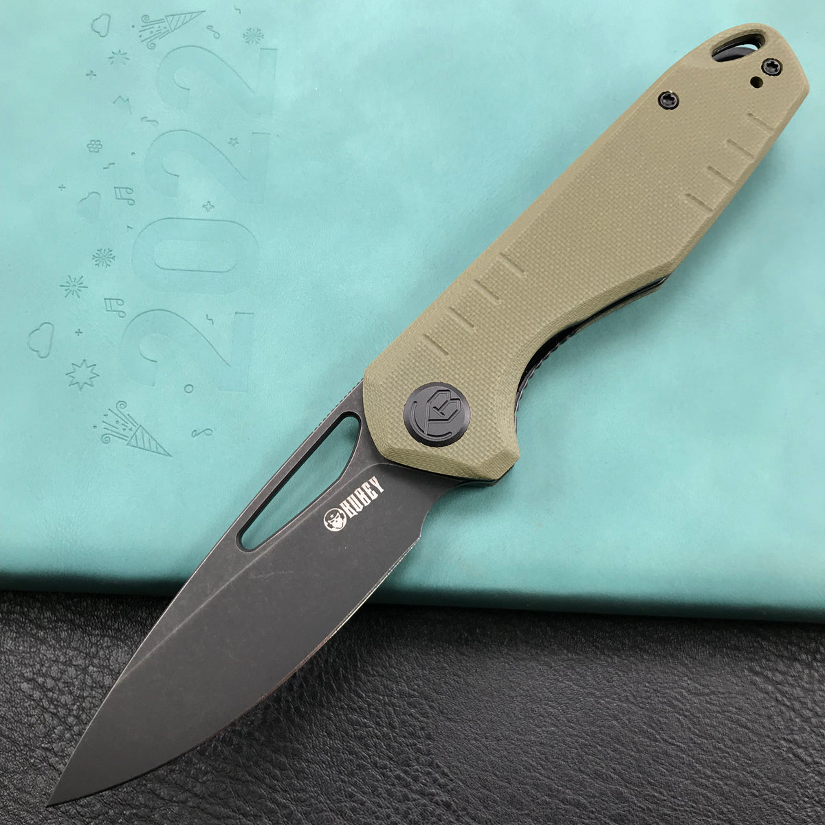 KUBEY KU324C Front Flipper Folding Knife   Green G10 Handle 3.27" Dark Stonewashed D2