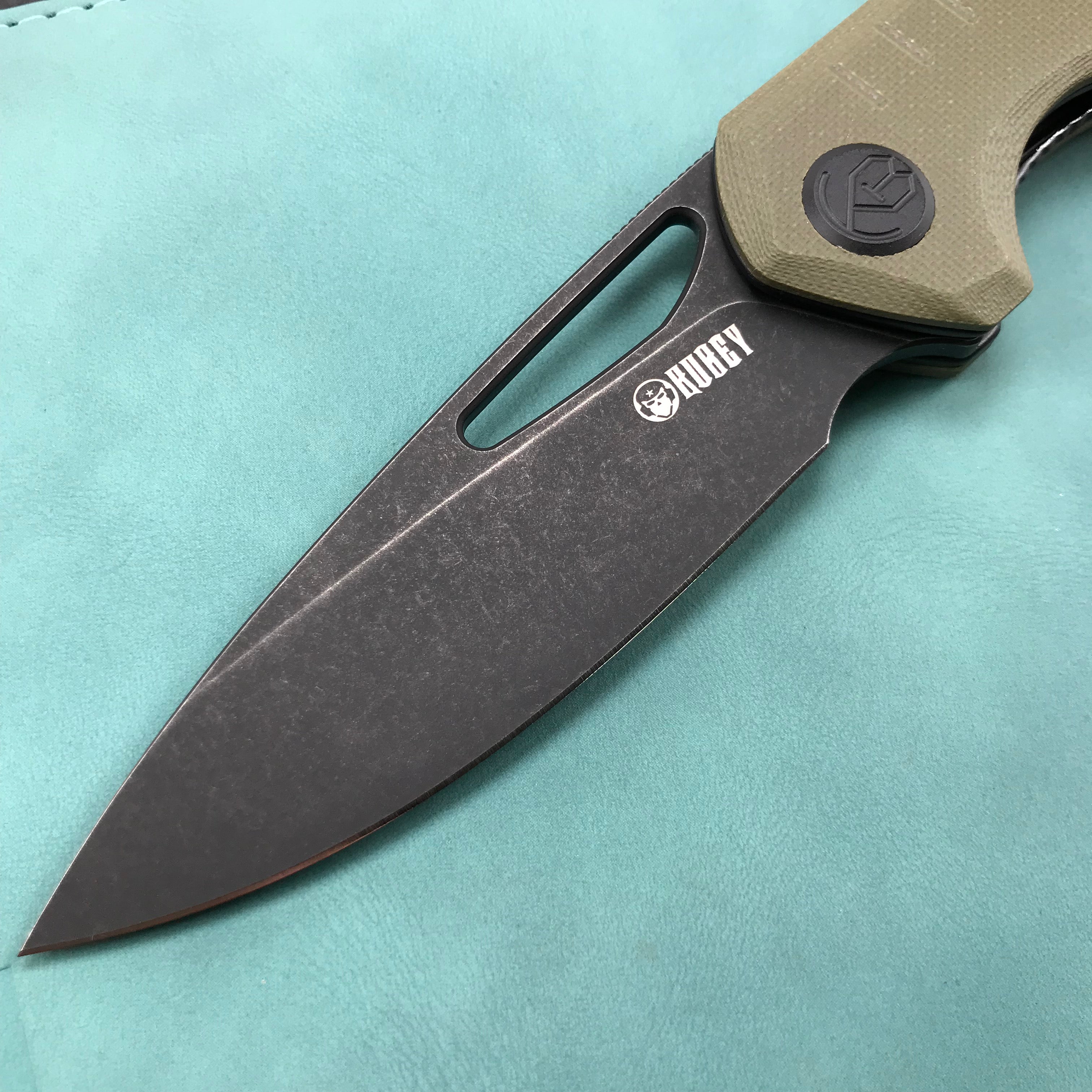 KUBEY KU324C Front Flipper Folding Knife   Green G10 Handle 3.27" Dark Stonewashed D2