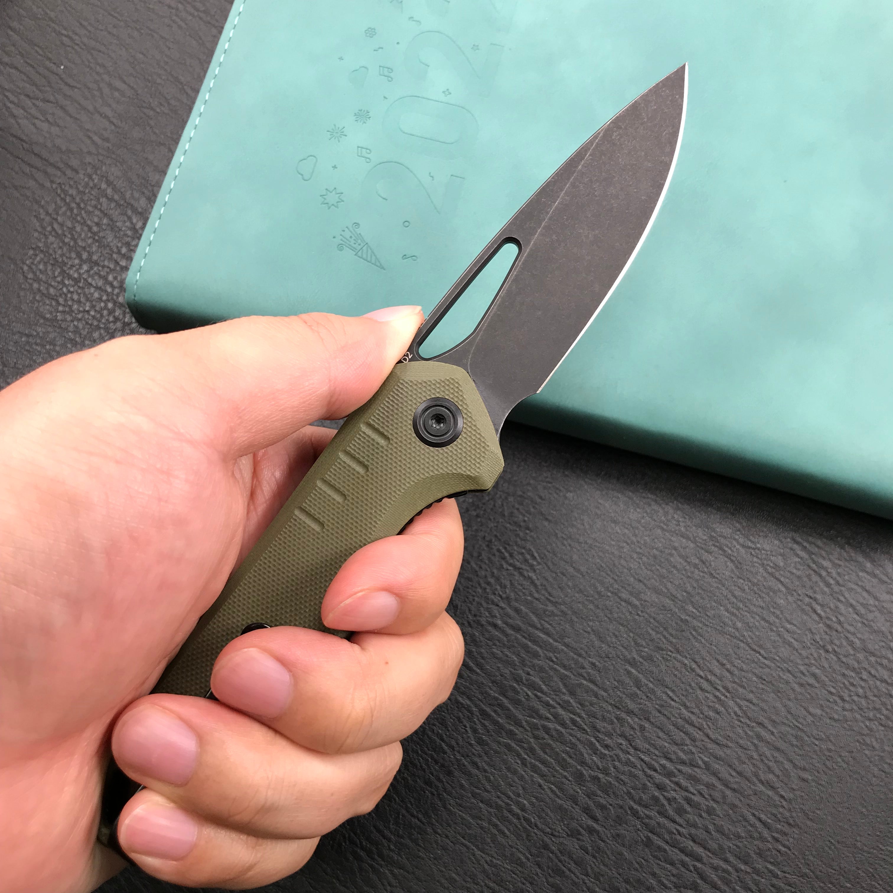 KUBEY KU324C Front Flipper Folding Knife   Green G10 Handle 3.27" Dark Stonewashed D2